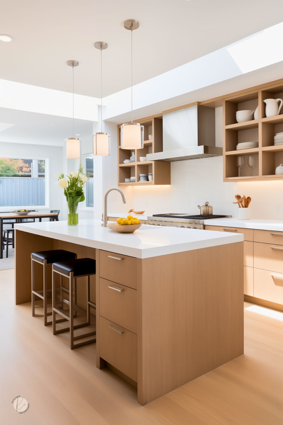 A sleek, modern kitchen with a white oak island featuring a white stone countertop, built-in storage, and black leather barstools. Three cylindrical pendant lights with brushed metal accents hang above. Open shelving displays neatly arranged dishes, while a stainless steel range hood adds a contemporary touch. A skylight and large windows bring in natural light, enhancing the airy feel. A vase of fresh flowers and a bowl of lemons add a vibrant touch.