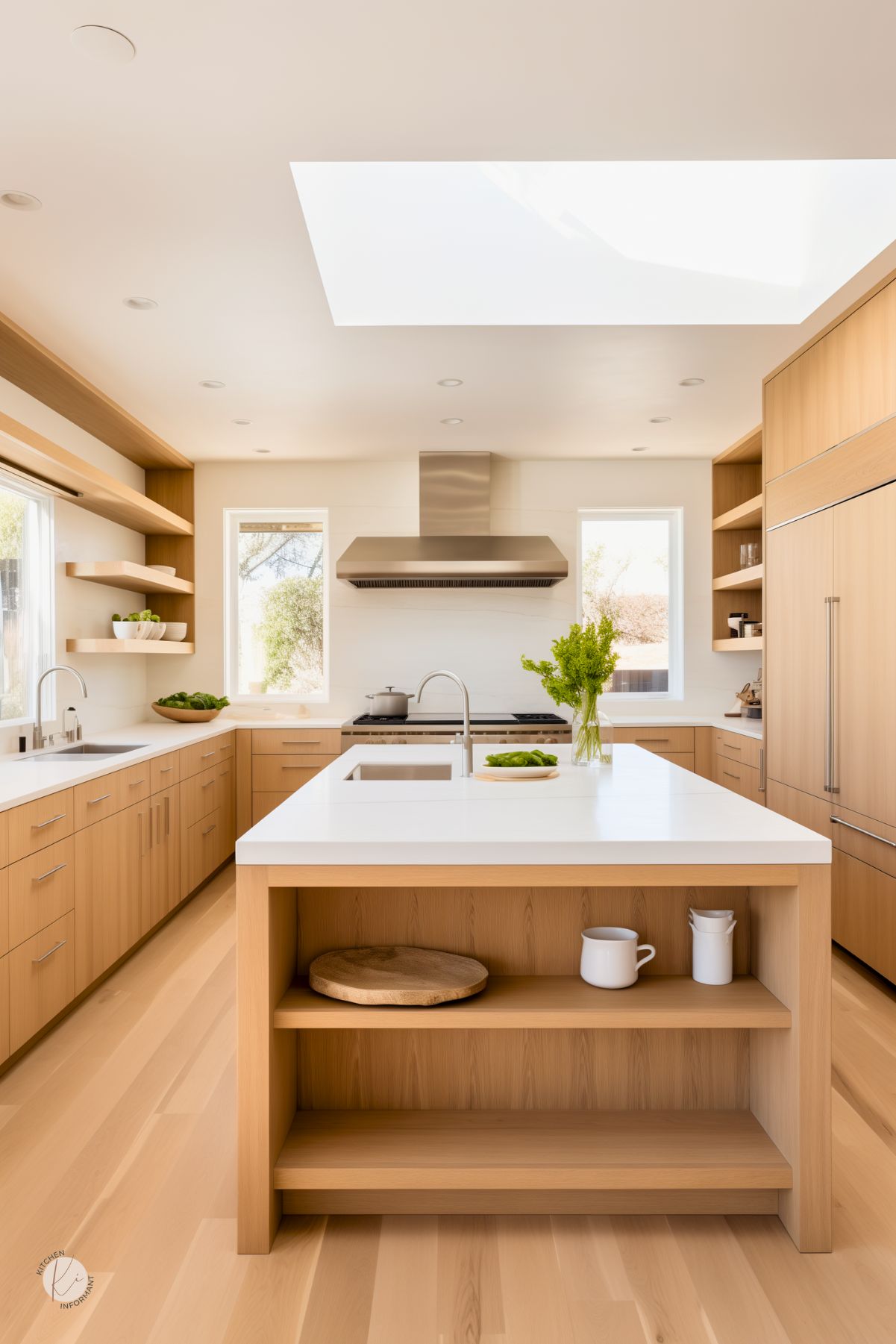 A sleek, modern kitchen with a white oak island featuring a white stone countertop, built-in shelving, and an integrated sink. Warm wood cabinetry with minimalist handles blends seamlessly with open shelving. A large skylight and multiple windows bring in natural light, enhancing the airy feel. A stainless steel range hood contrasts with the light wood tones, while fresh greenery adds a vibrant touch to the clean, contemporary design.