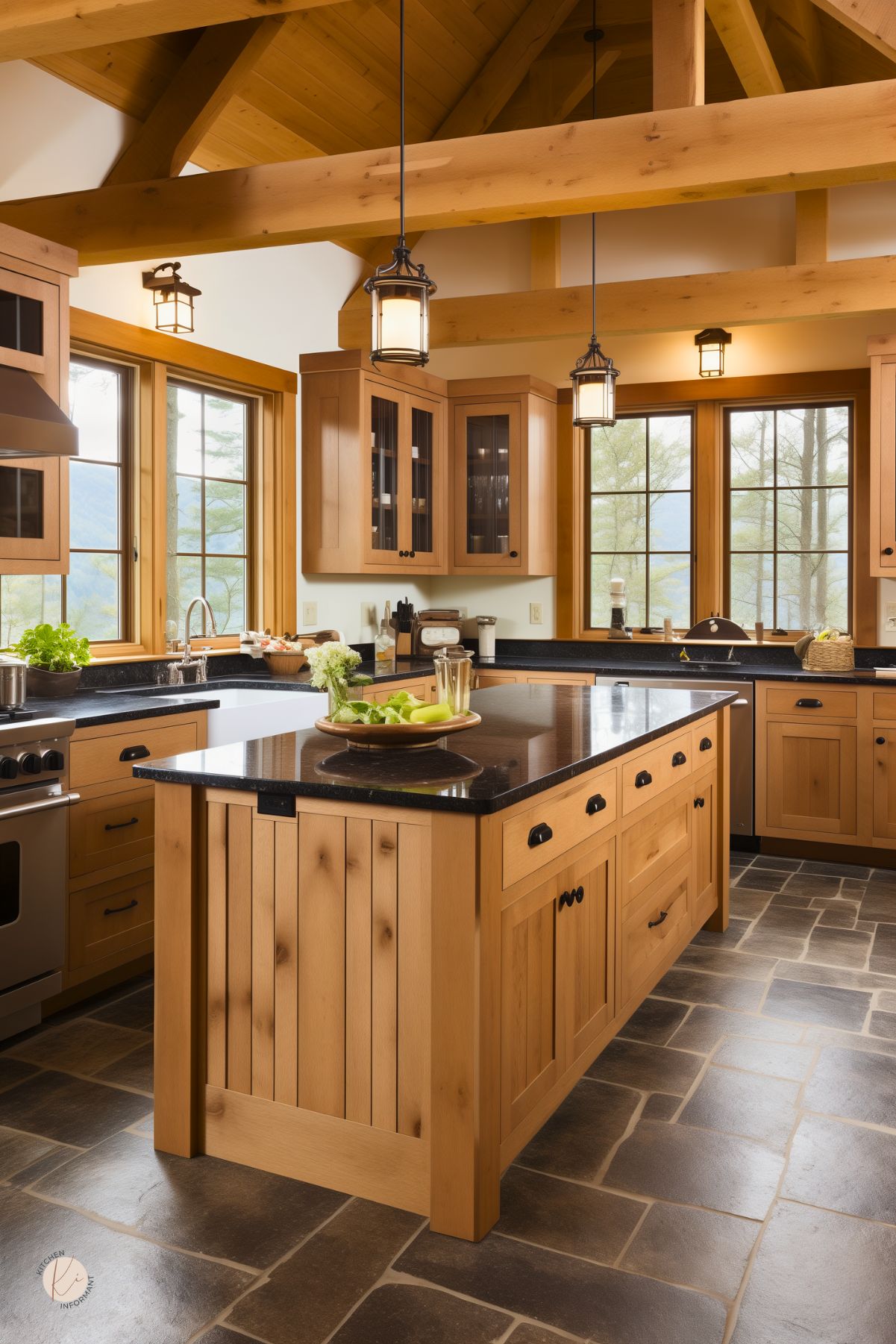 A rustic kitchen with a white oak island featuring a black stone countertop and beadboard paneling. Exposed wood beams and warm cabinetry enhance the cozy, lodge-style atmosphere. Black hardware and lantern-style pendant lights add vintage charm. Large windows offer a scenic mountain view, while a farmhouse sink and stone tile flooring complete the inviting, nature-inspired design. A tray of fresh green apples and flowers adds a natural touch.