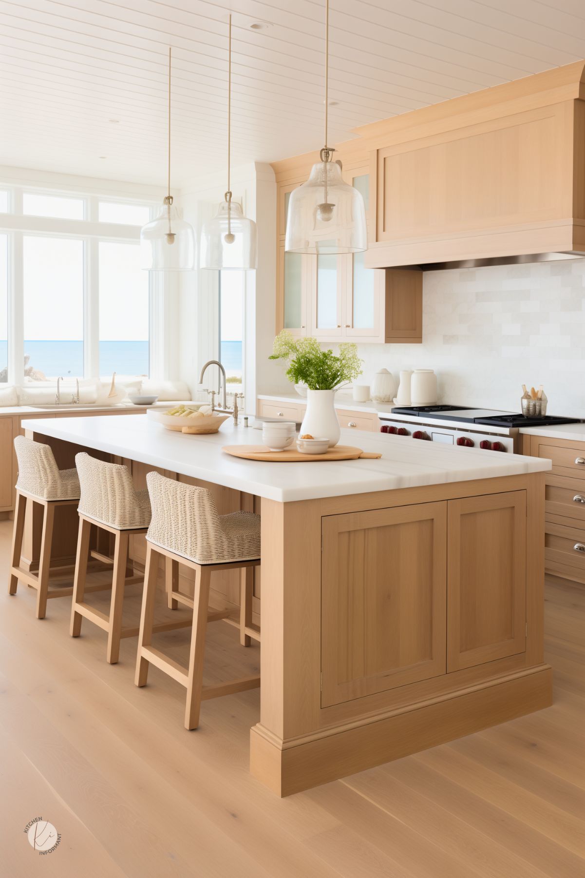 A bright coastal kitchen with a large white oak island topped with a smooth white countertop. Three woven barstools sit at the island, complemented by glass pendant lights hanging above. Natural wood cabinetry blends with a light wood floor, while a white tile backsplash and large windows with an ocean view enhance the airy feel. Minimalist decor, including a white vase with greenery, completes the serene design.