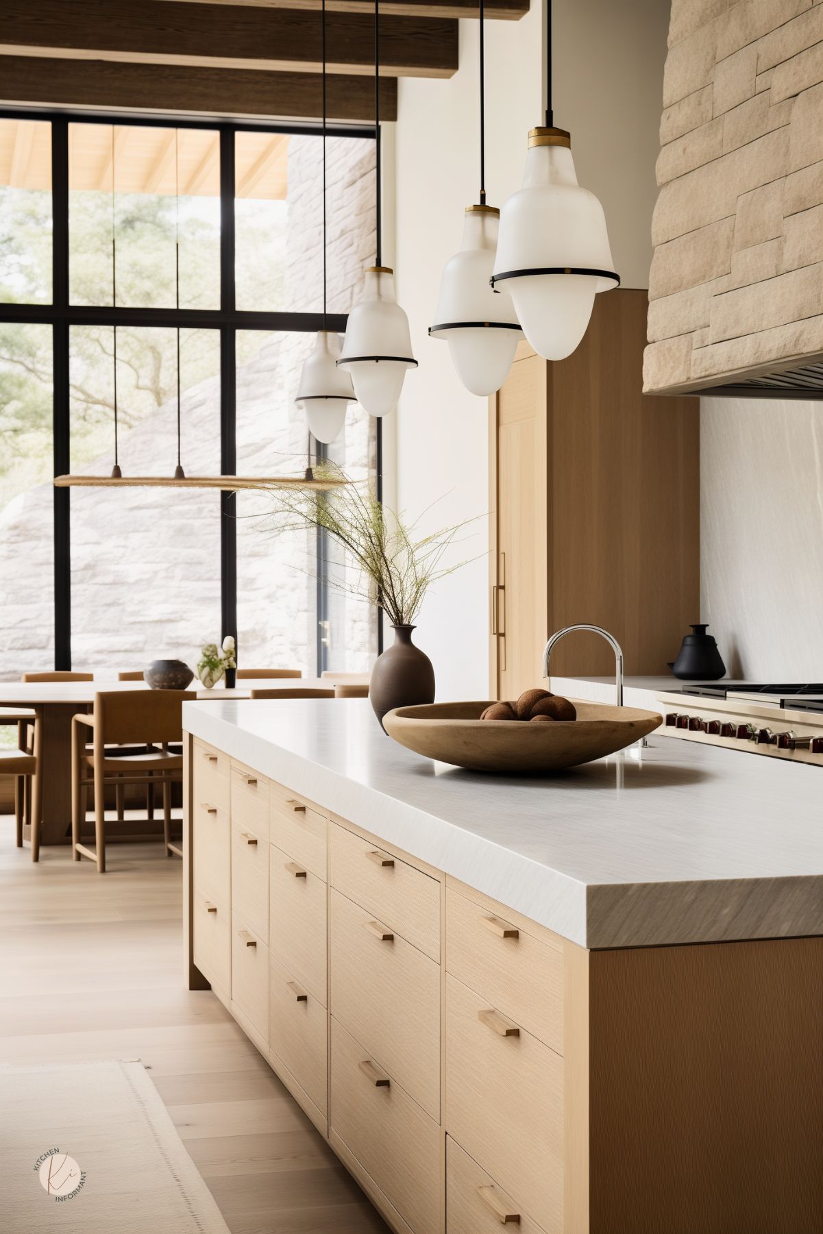 A modern, minimalist kitchen with a large white oak island featuring a thick white stone countertop and sleek wood drawers. Statement pendant lights with frosted glass and brass accents hang above, adding a contemporary touch. A textured stone range hood complements the natural materials. Floor-to-ceiling windows framed in black bring in natural light and offer a view of an outdoor dining area. A wooden bowl with decorative accents completes the space.