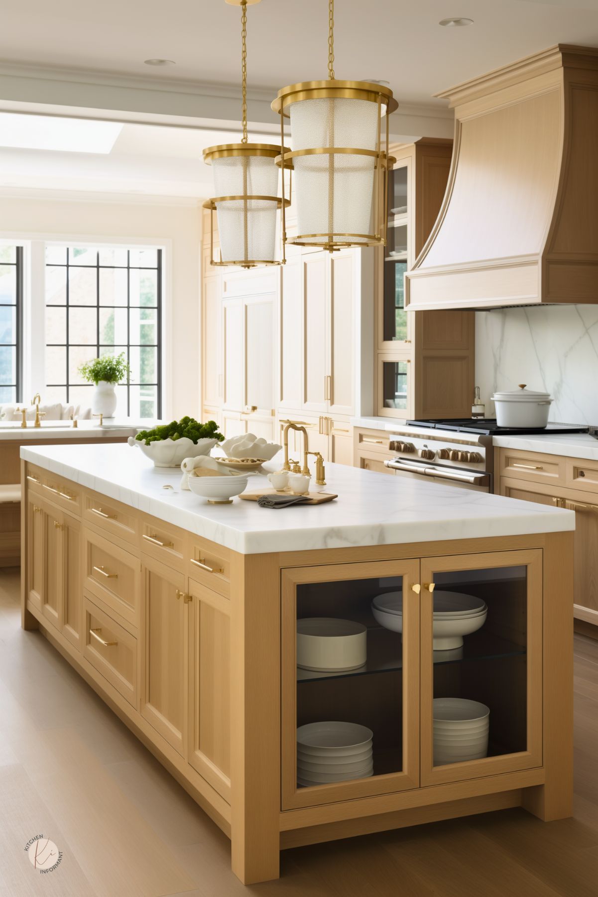 A luxurious kitchen with a white oak island featuring a white marble countertop, brass hardware, and glass-front storage cabinets. Oversized gold lantern pendant lights hang above, adding elegance to the space. A custom white oak range hood and marble backsplash complement the sophisticated design. Large black-framed windows bring in natural light, while brass fixtures and neatly arranged dishware enhance the classic yet modern aesthetic.