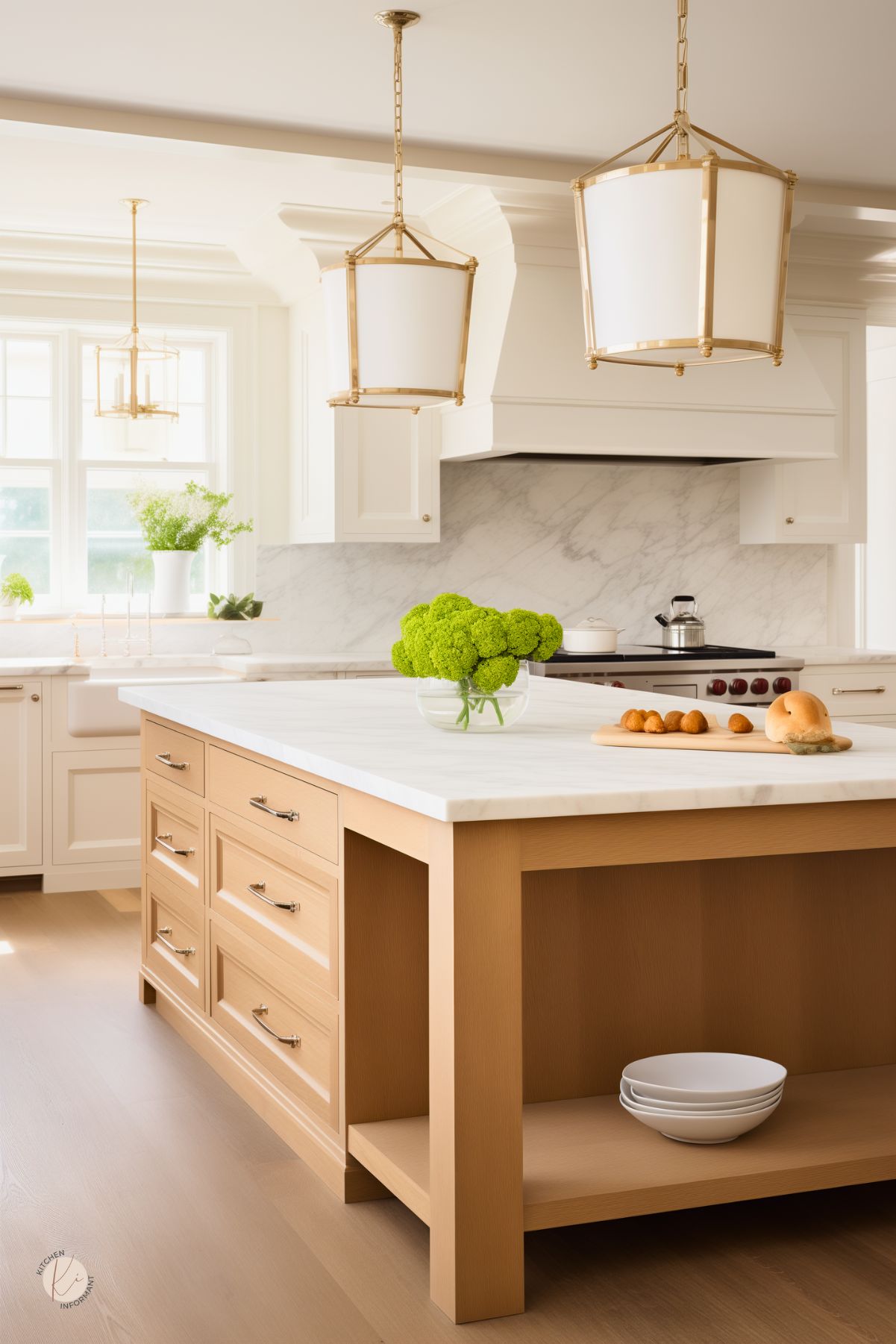 A bright, classic kitchen with a white oak island featuring a white stone countertop, built-in storage, and polished silver hardware. Elegant gold-framed lantern pendant lights hang above, complementing the sophisticated design. White cabinetry with a marble backsplash and a custom range hood add a timeless touch. Large windows let in natural light, while fresh greenery and a wooden cutting board with bread enhance the inviting feel.