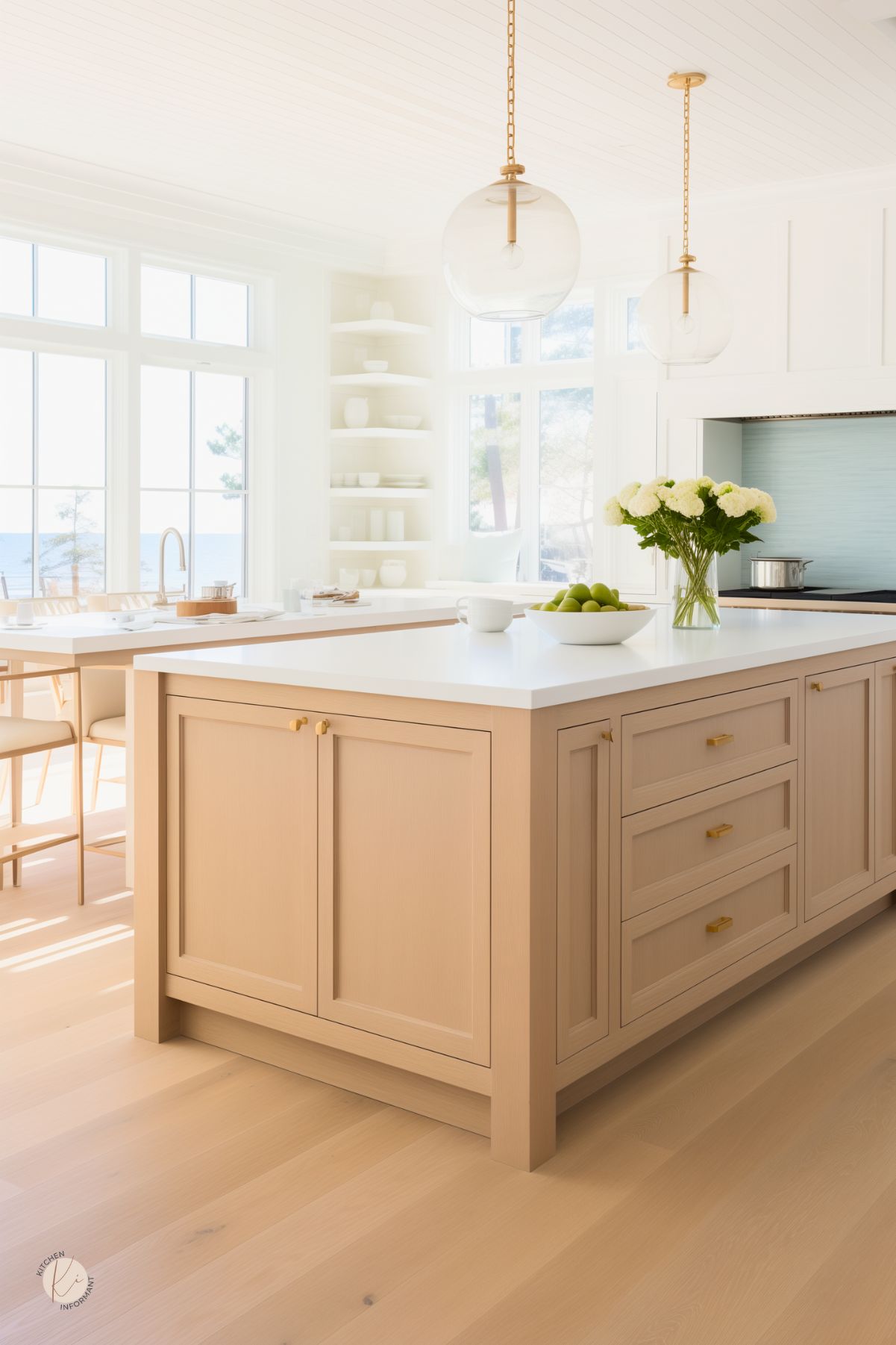 A bright coastal kitchen with a white oak island featuring a white stone countertop and brass hardware. Large windows let in natural light and offer a serene ocean view. Glass globe pendant lights with gold accents hang above, enhancing the airy feel. White cabinetry, built-in shelving with minimalist decor, and light wood flooring create a clean, inviting space. A vase of white flowers and a bowl of green apples add a fresh touch.