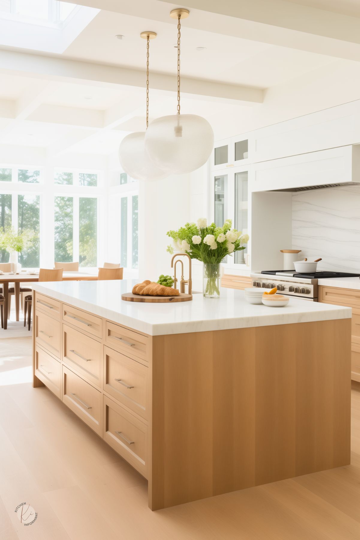 A bright, modern kitchen with a large white oak island featuring a white stone countertop and sleek metal hardware. Two textured glass pendant lights with gold chains hang above, adding warmth to the space. A brass faucet and a vase with white and green flowers bring a natural touch. Light wood flooring, white cabinetry, and a marble backsplash enhance the airy feel. A cozy dining nook with large windows offers a serene view.