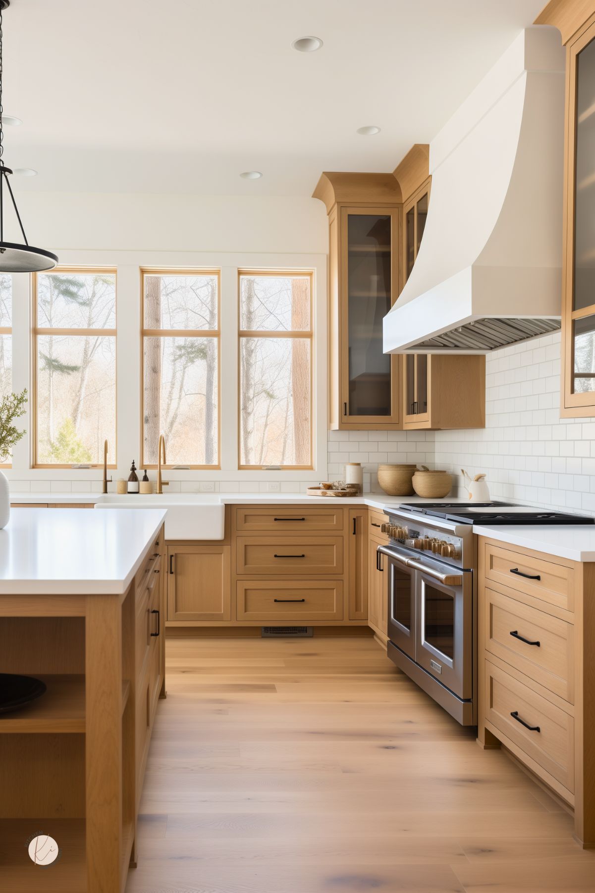 A warm, modern kitchen with white oak cabinetry, black hardware, and a large island with open shelving and a white stone countertop. A farmhouse sink sits under large windows framed in natural wood, allowing in soft natural light. White subway tile backsplash and a sleek white range hood contrast with the wood tones. Stainless steel appliances and minimalist decor complete the stylish, inviting space.