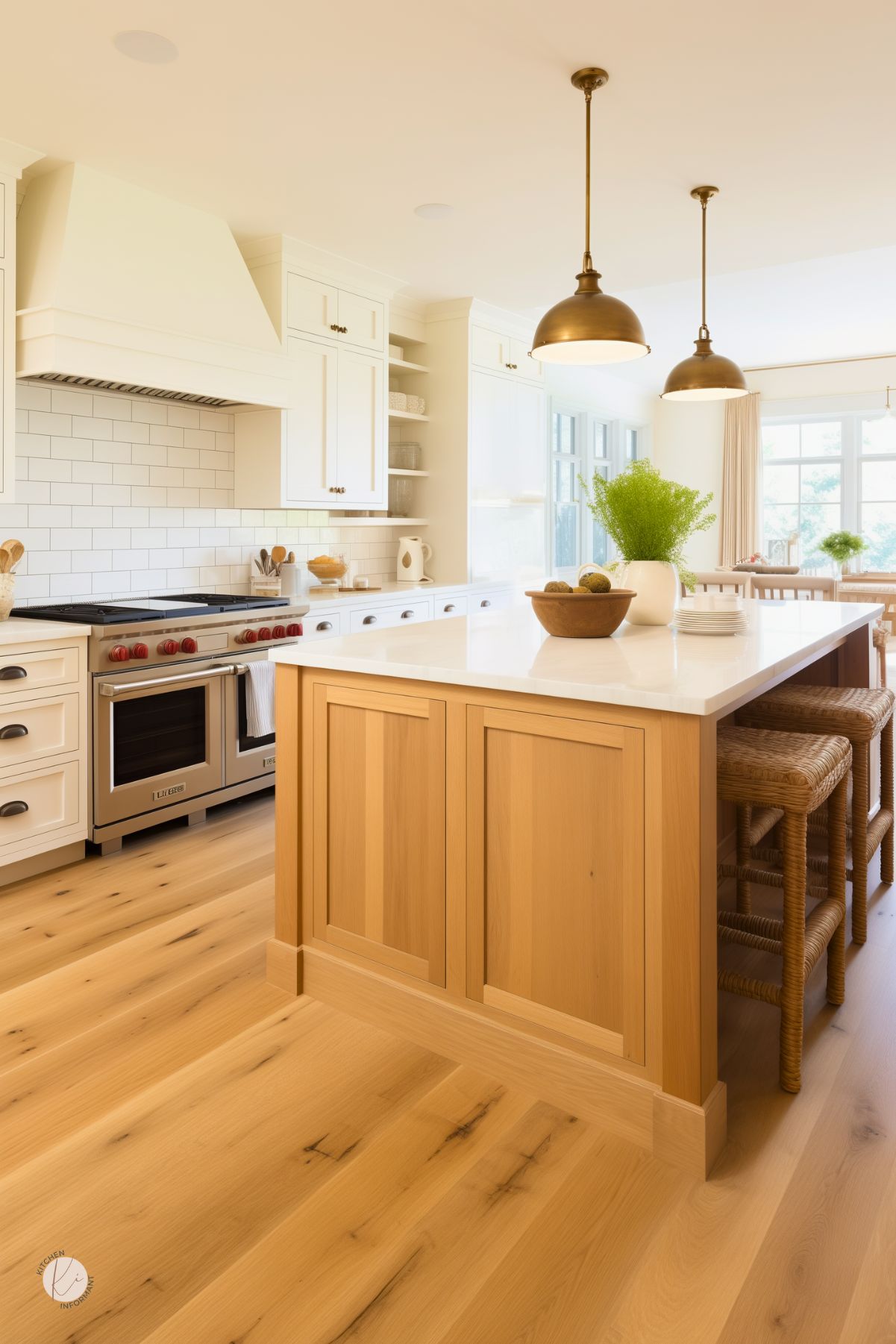 A bright farmhouse-style kitchen with a white oak island featuring a white stone countertop and woven barstools tucked underneath. A pair of brass pendant lights hang above, complementing the warm wood tones. White shaker cabinets, a subway tile backsplash, and a custom range hood create a classic, inviting look. Light wood flooring, open shelving, and natural greenery add charm to the space, with a dining area visible in the background.