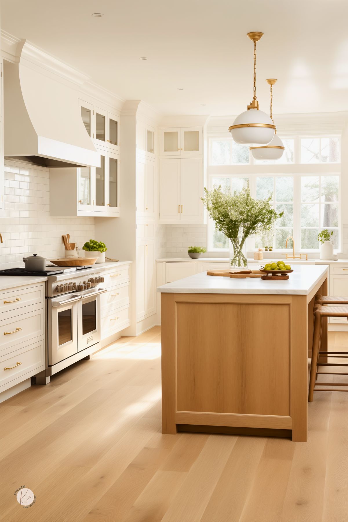 A bright, elegant kitchen with a white oak island featuring a white stone countertop and wooden barstools. Classic white cabinetry with gold hardware contrasts with the warm wood tones. Oversized globe pendant lights with brass accents hang above the island. A white subway tile backsplash and a custom range hood add a timeless touch. Large windows flood the space with natural light, while fresh greenery and a bowl of limes bring a natural element.