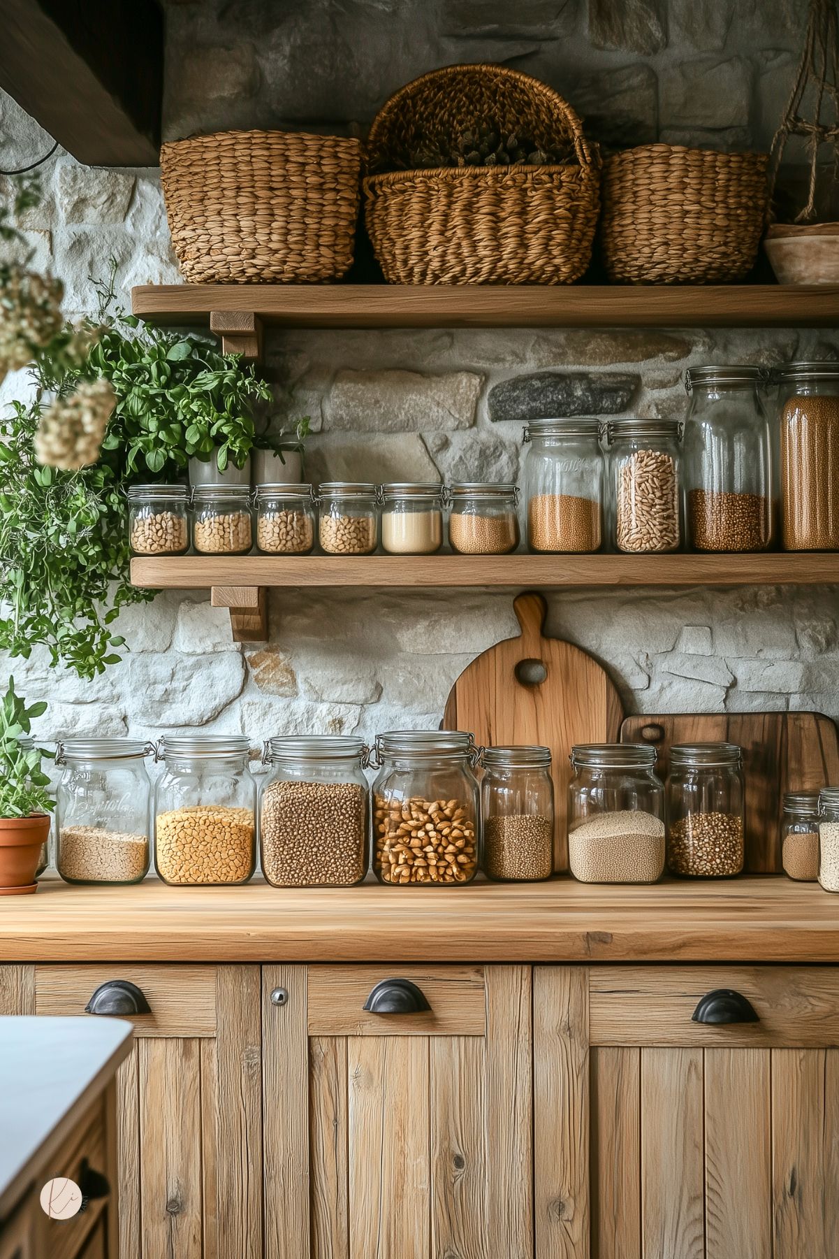 A rustic cottage-style pantry with natural wood cabinetry, open wooden shelves, and a textured stone wall. Glass jars filled with grains, beans, and pasta are neatly arranged, while woven baskets provide additional storage. Wooden cutting boards lean against the wall, adding warmth and functionality. Lush greenery in terracotta pots softens the space, creating a cozy, organic feel.