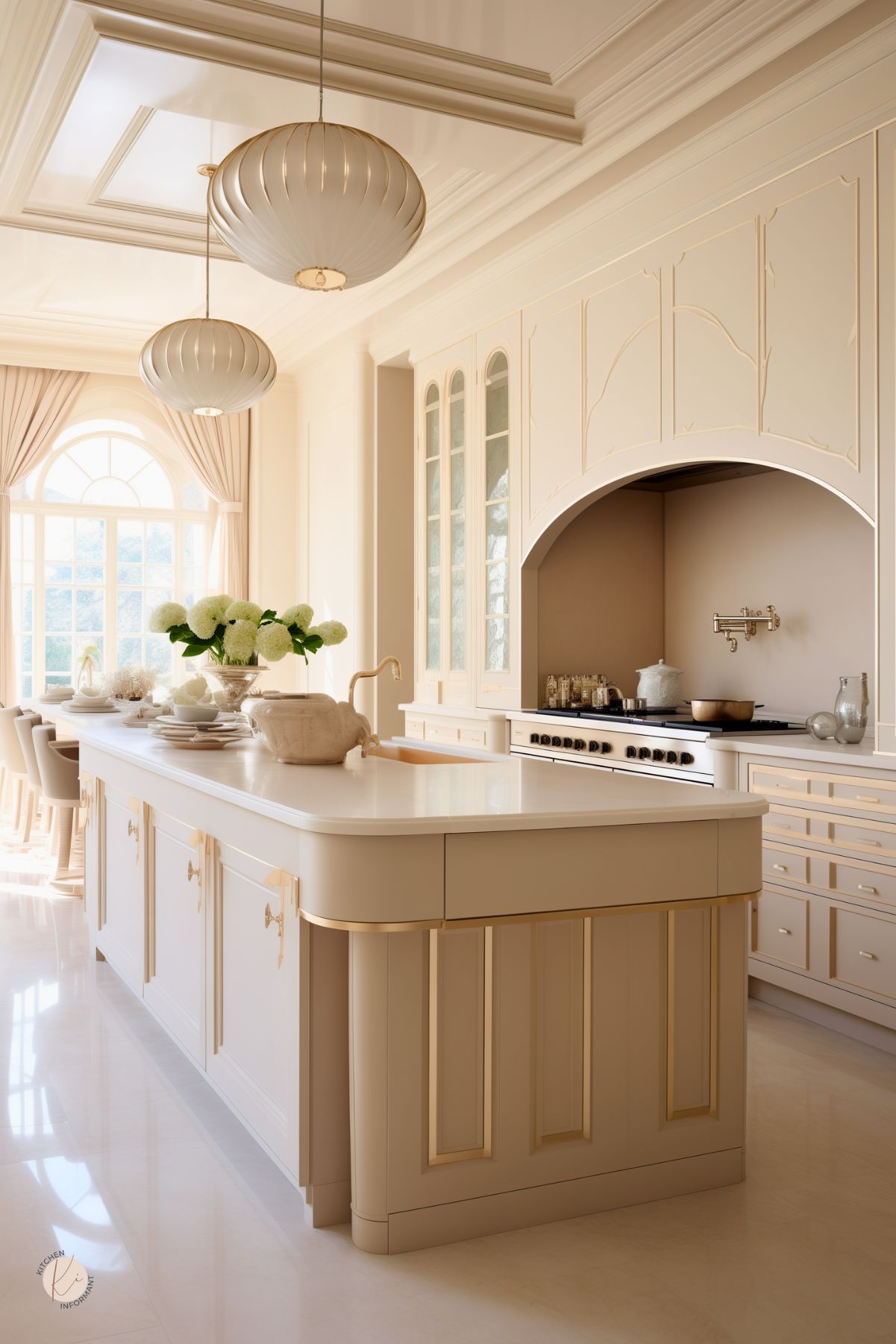 Elegant beige kitchen with gold accents, featuring a large island with curved edges, a white countertop, and gold-trimmed cabinetry. The space is illuminated by two statement pendant lights and natural light streaming through arched windows with soft drapery. A built-in range is set within an arched alcove, adding a refined touch. Plush barstools line the island, creating a luxurious yet inviting atmosphere.