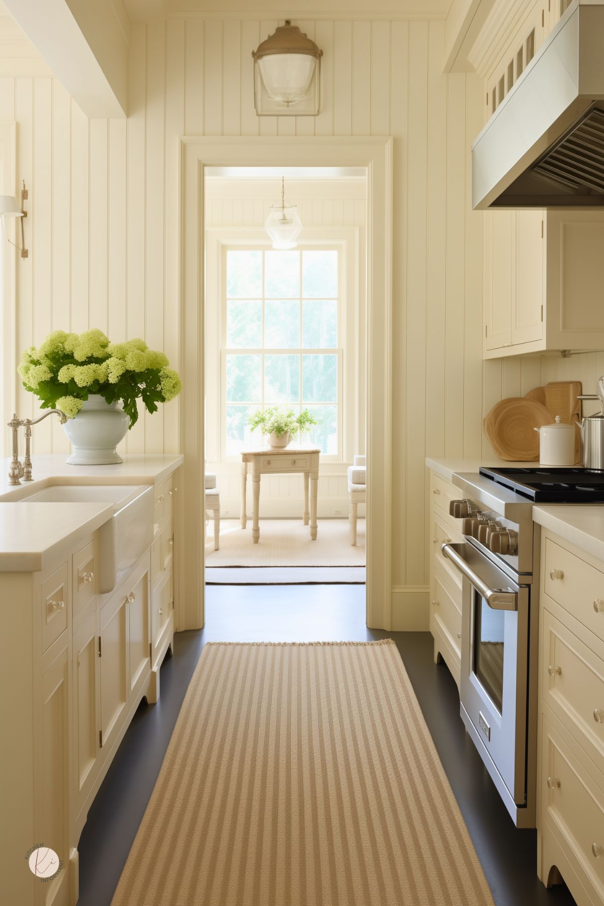 Bright and airy galley kitchen with beige cabinetry, beadboard walls, and a farmhouse sink. The space is illuminated by natural light from large windows, highlighting the soft neutral tones. A striped beige runner adds warmth, while greenery in white vases enhances the fresh aesthetic. Stainless steel appliances blend seamlessly, and an open doorway leads to a charming dining nook, creating an inviting and timeless feel.