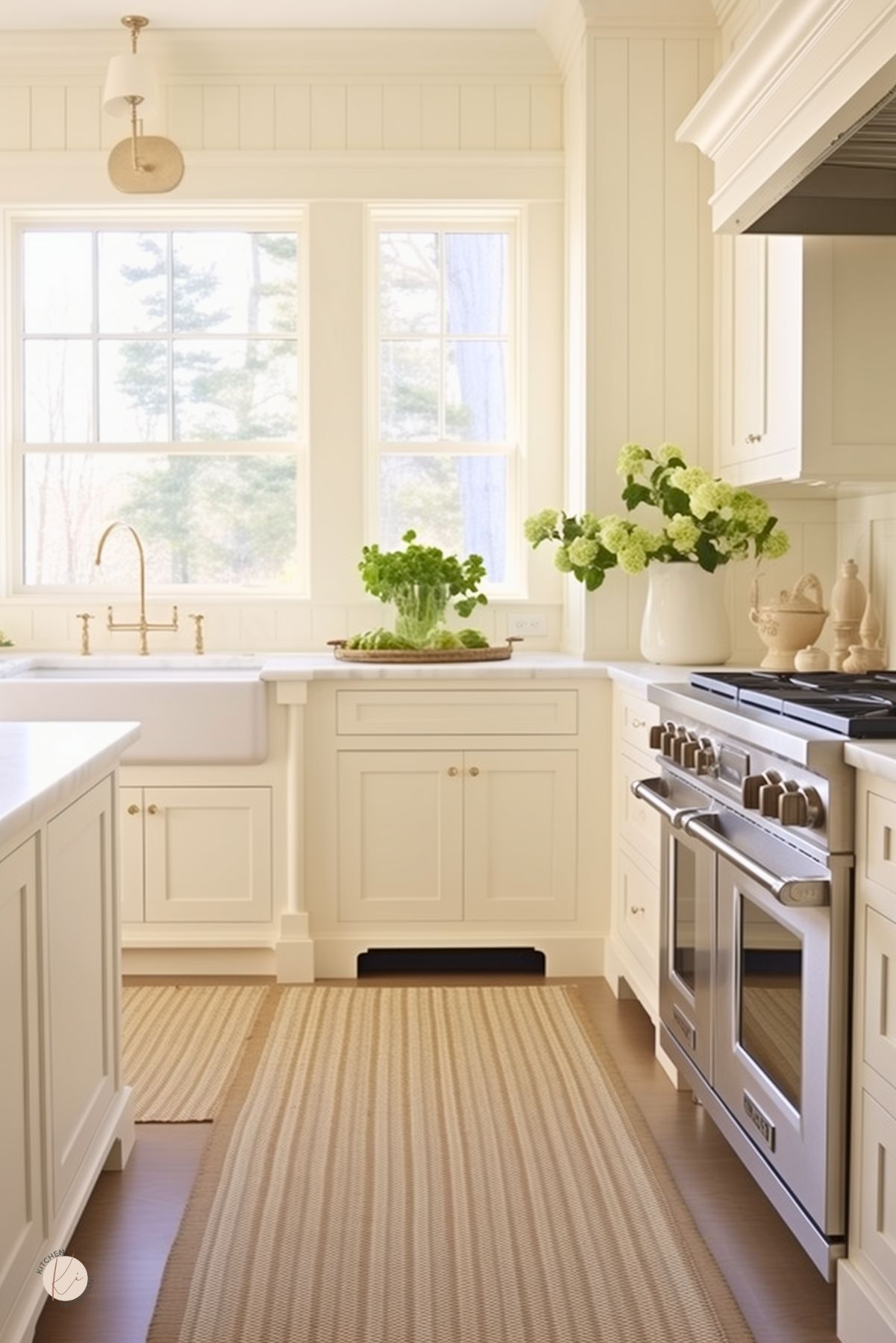 Bright farmhouse kitchen with beige shaker cabinets, a large farmhouse sink, and brass fixtures. Expansive windows flood the space with natural light, highlighting the soft neutral tones. A professional-grade stainless steel range adds functionality, while fresh greenery and hydrangeas in white ceramic vases bring warmth. A striped woven runner complements the wood flooring, enhancing the cozy and inviting feel.