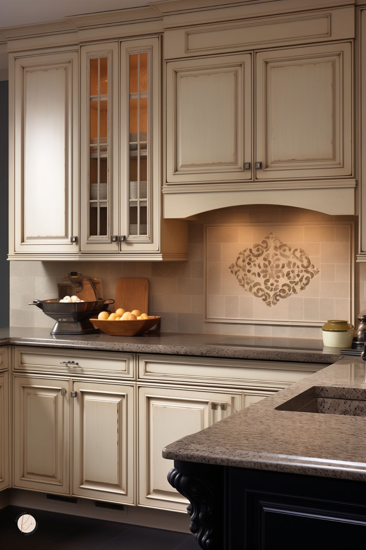 Traditional beige kitchen with distressed cabinetry, ornate detailing, and a decorative tile backsplash. The dark granite countertops contrast beautifully with the warm-toned cabinets, while under-cabinet lighting enhances the elegant design. A black kitchen island with intricate molding adds sophistication, and glass-front cabinets provide a refined display for dishware. A bowl of fresh lemons adds a bright, inviting touch.