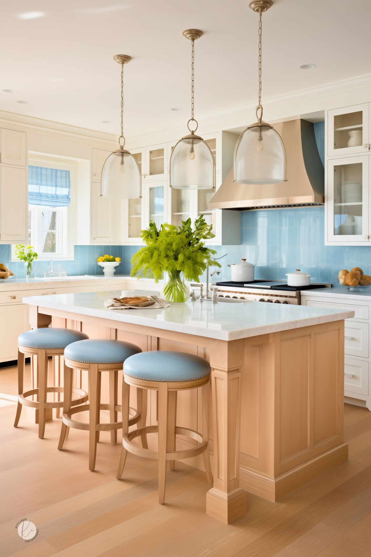 Bright and airy kitchen with beige cabinetry, a natural wood island, and a soft blue tile backsplash. Glass pendant lights add a delicate touch, while the brass range hood brings warmth and elegance. The island features a white marble countertop and cushioned blue barstools with nailhead trim. Large windows with blue striped Roman shades allow natural light to enhance the fresh, inviting atmosphere.