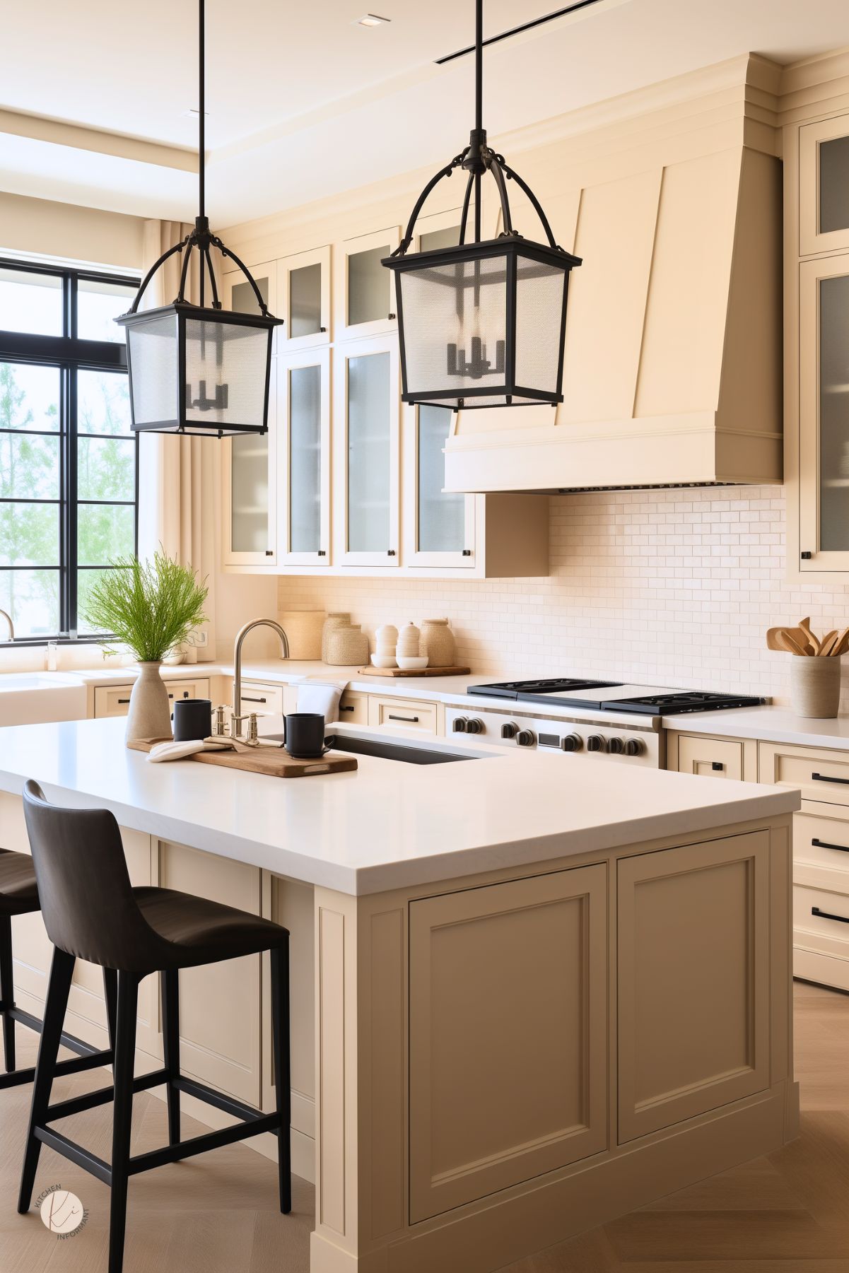 Modern farmhouse kitchen with beige shaker cabinets, a large island with a white quartz countertop, and black-framed windows. Oversized lantern-style pendant lights add a bold touch, while a custom range hood blends seamlessly with the cabinetry. A subway tile backsplash and neutral-toned décor create a warm and inviting atmosphere. Black barstools and hardware provide contrast, enhancing the timeless aesthetic.