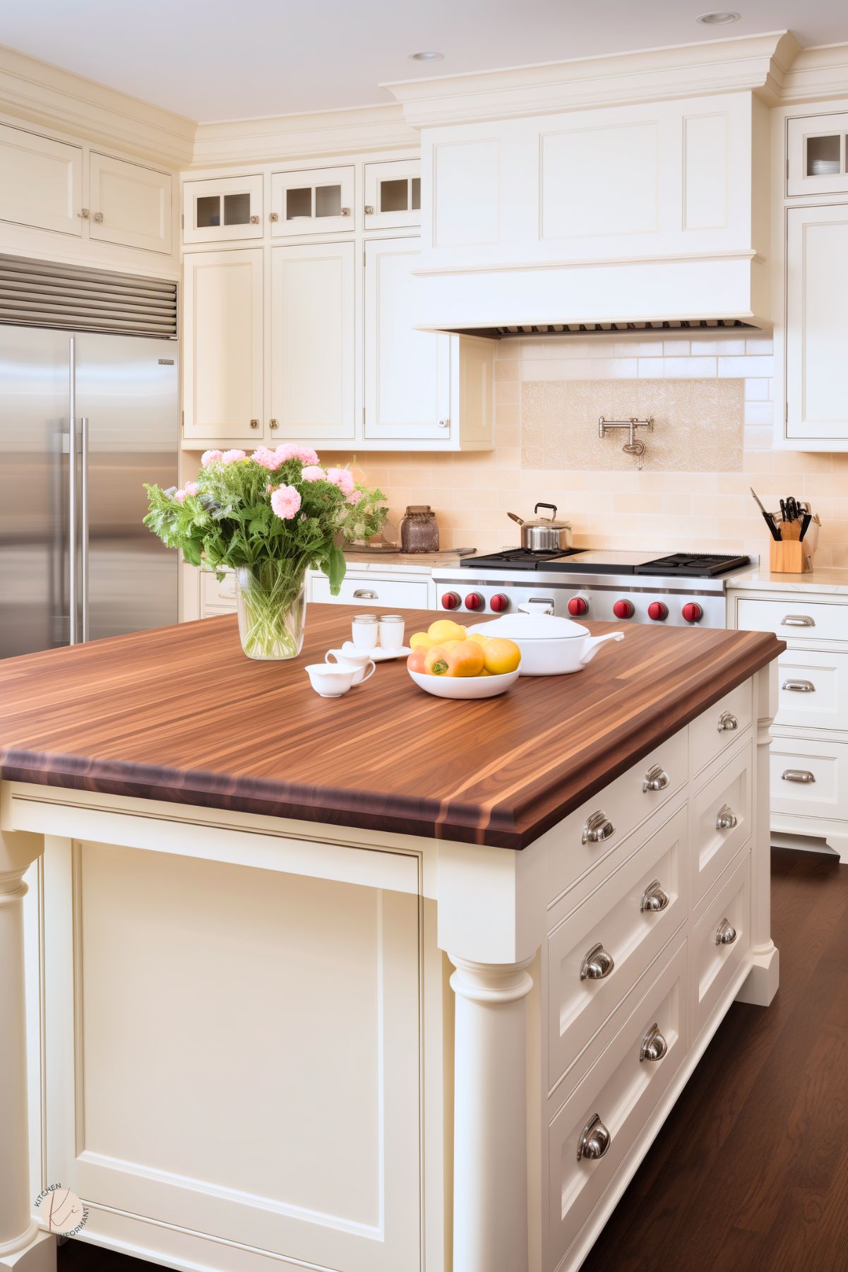 Traditional beige kitchen with a rich walnut butcher block island, classic shaker cabinetry, and stainless steel appliances. The professional-grade range with red knobs is framed by a custom range hood and a warm tile backsplash featuring a built-in pot filler. Glass-front cabinets add elegance, while polished silver hardware enhances the timeless design. A fresh bouquet and a bowl of citrus add warmth to the inviting space.