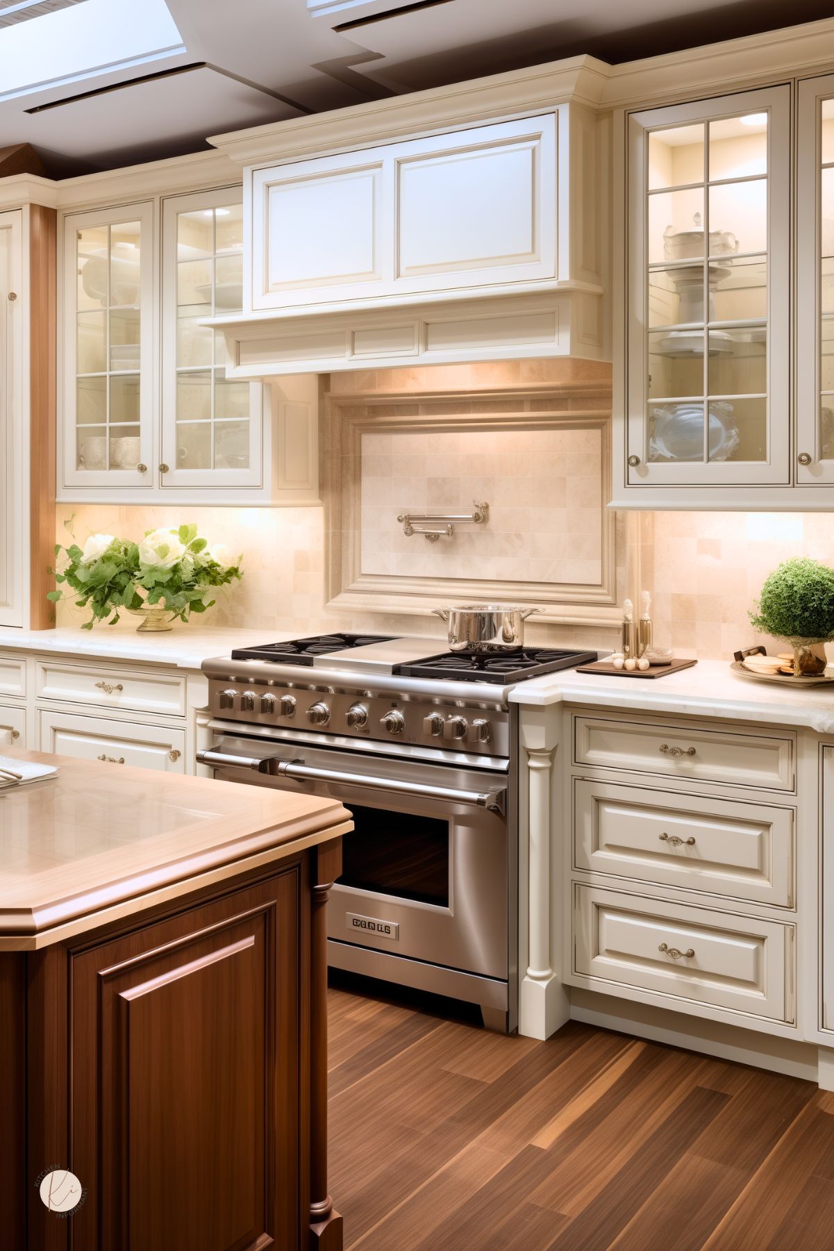 Classic beige kitchen with ornate cabinetry, glass-front upper cabinets, and a statement stainless steel range. The backsplash features a soft-toned tile design with a built-in pot filler, adding elegance and functionality. A warm wood island with a glossy finish contrasts beautifully with the light cabinetry. Soft under-cabinet lighting and decorative greenery enhance the inviting and refined ambiance.