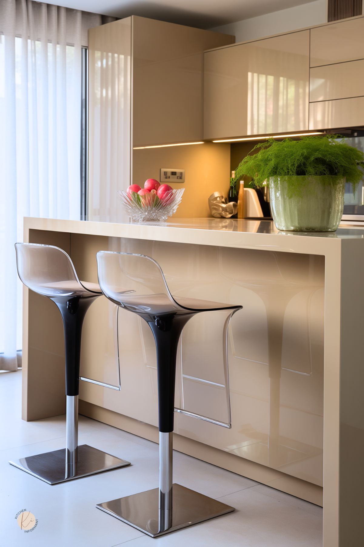 Sleek modern kitchen with glossy beige cabinetry, a minimalist island, and futuristic transparent barstools with black accents. Under-cabinet lighting enhances the warm tones, while a glass bowl of red apples adds a vibrant contrast. A lush green plant in a ceramic pot brings a touch of nature, and sheer curtains allow soft natural light to filter into the space, creating a stylish and inviting atmosphere.