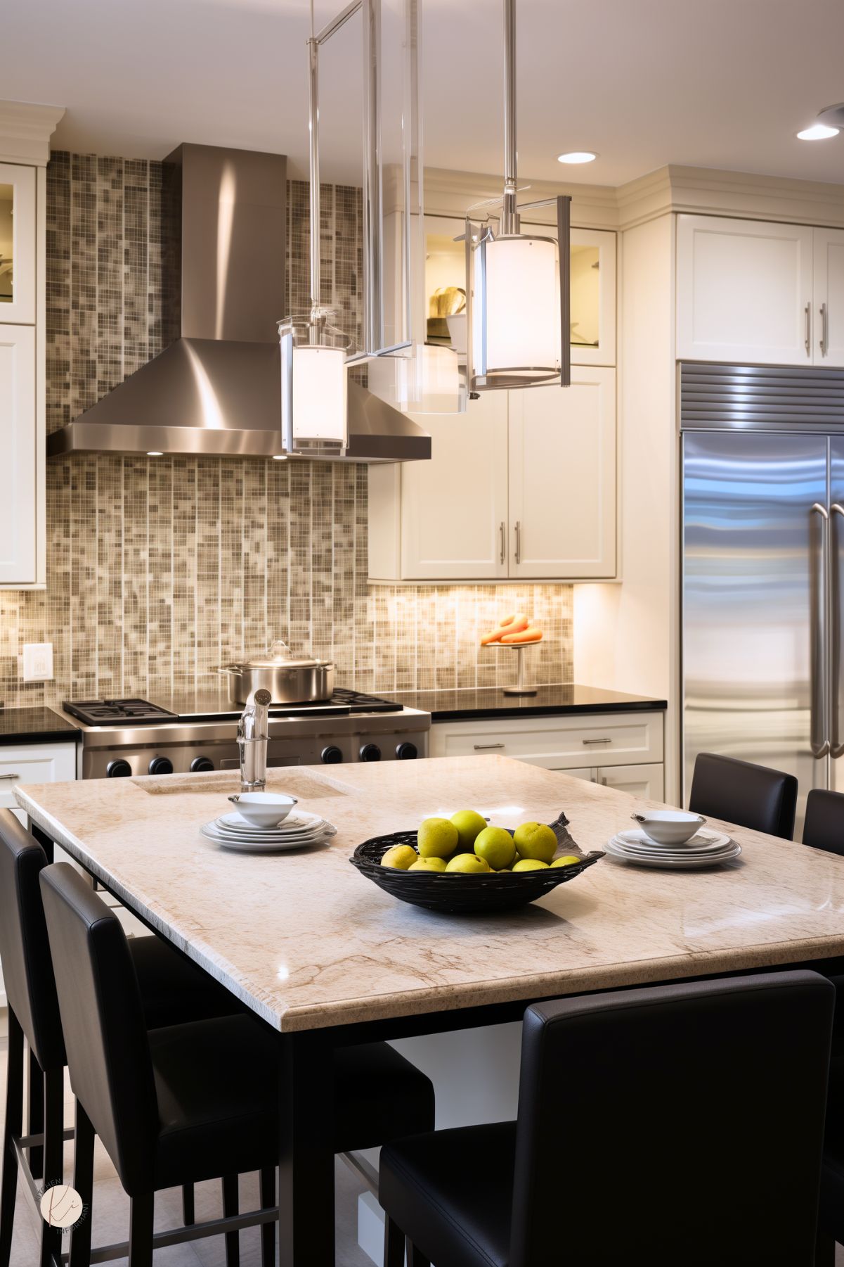 Contemporary kitchen with beige cabinetry, a bold mosaic tile backsplash, and a large island with a marble countertop. Stainless steel appliances, including a sleek range hood and double-door refrigerator, add a modern touch. Pendant lights with glass accents illuminate the space, while black leather chairs provide a stylish contrast. A woven bowl filled with fresh green apples adds a pop of color to the elegant design.