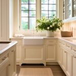 Cozy beige kitchen with a farmhouse sink, shaker-style cabinetry, and a soft neutral palette. A large window with black grid frames brings in natural light, highlighting the warm wood flooring and beadboard walls. A beige woven rug adds texture, while a vase of fresh greenery and white flowers enhances the inviting atmosphere. Glass-front cabinets and a wicker basket provide a charming mix of elegance and functionality.