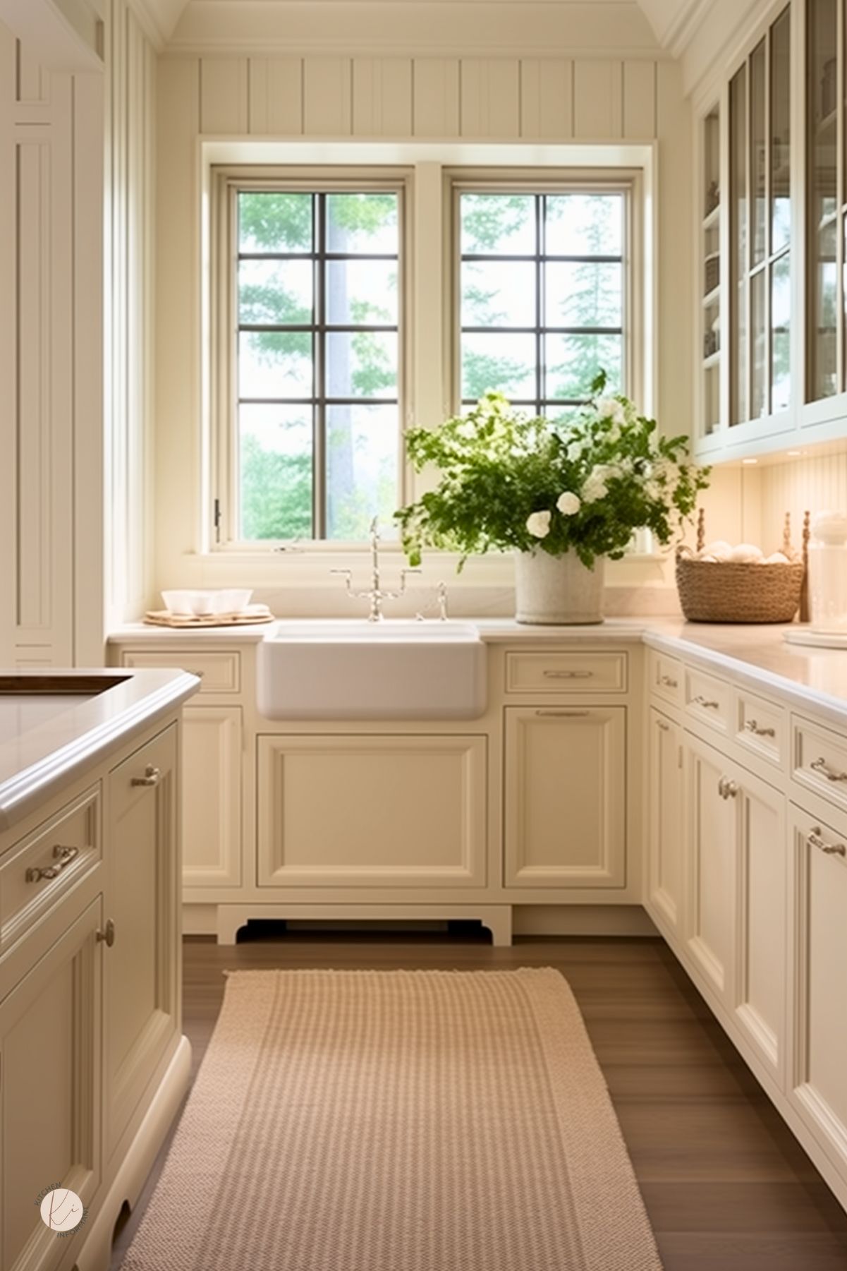 Cozy beige kitchen with a farmhouse sink, shaker-style cabinetry, and a soft neutral palette. A large window with black grid frames brings in natural light, highlighting the warm wood flooring and beadboard walls. A beige woven rug adds texture, while a vase of fresh greenery and white flowers enhances the inviting atmosphere. Glass-front cabinets and a wicker basket provide a charming mix of elegance and functionality.