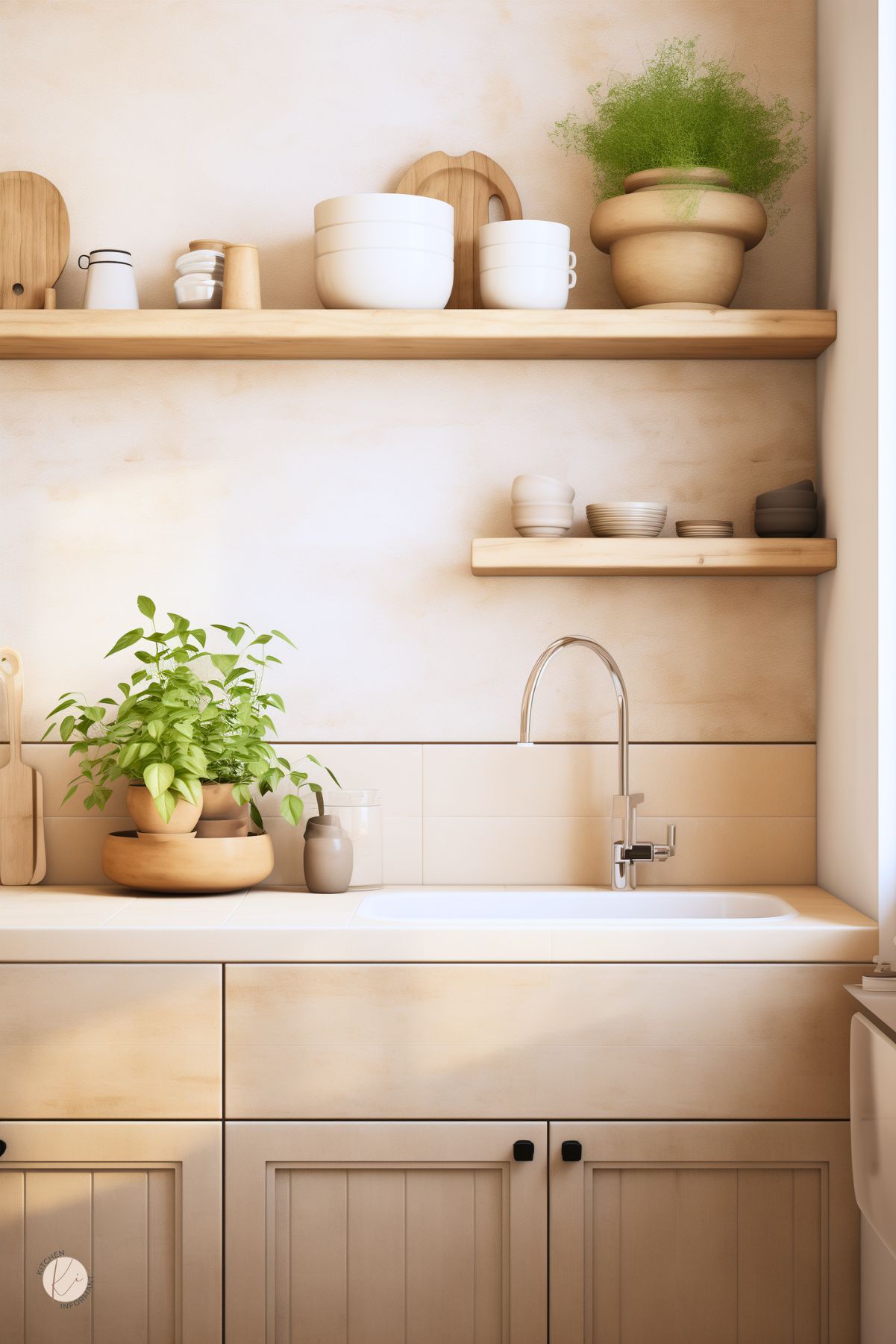 Minimalist beige kitchen with natural wood cabinetry, open shelving, and a sleek white countertop. A modern chrome faucet complements the neutral tones, while ceramic dishware and wooden accents add warmth. Greenery in simple clay pots brings freshness to the space, enhancing the organic, earthy aesthetic. Soft lighting and a textured backsplash create a calming and inviting atmosphere.