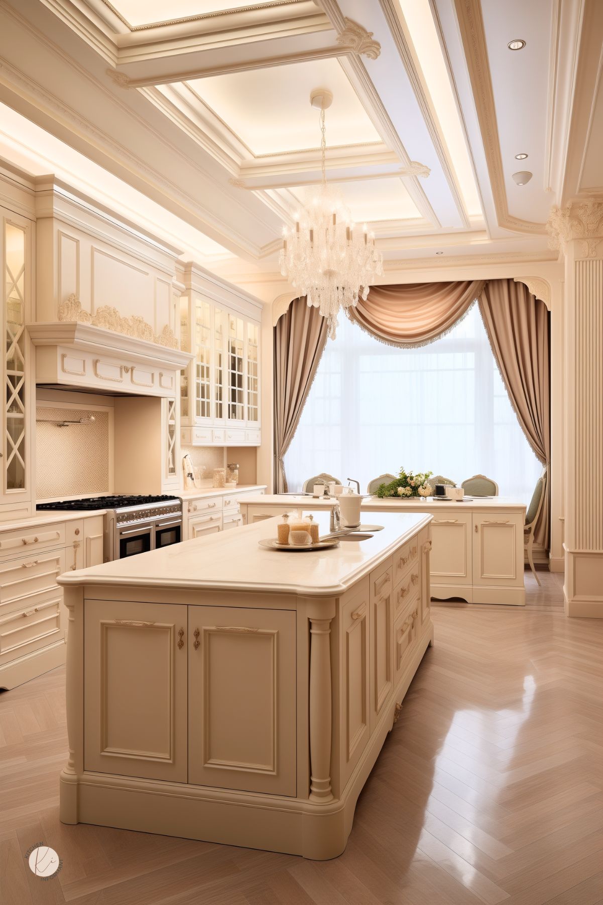 Opulent beige kitchen with intricate cabinetry, a grand chandelier, and elegant drapery framing a large window. The coffered ceiling with gold detailing enhances the luxurious feel, while glass-front cabinets and decorative molding add sophistication. A spacious island with turned legs and ornate hardware serves as a stunning focal point. Herringbone wood flooring completes the timeless and refined aesthetic.