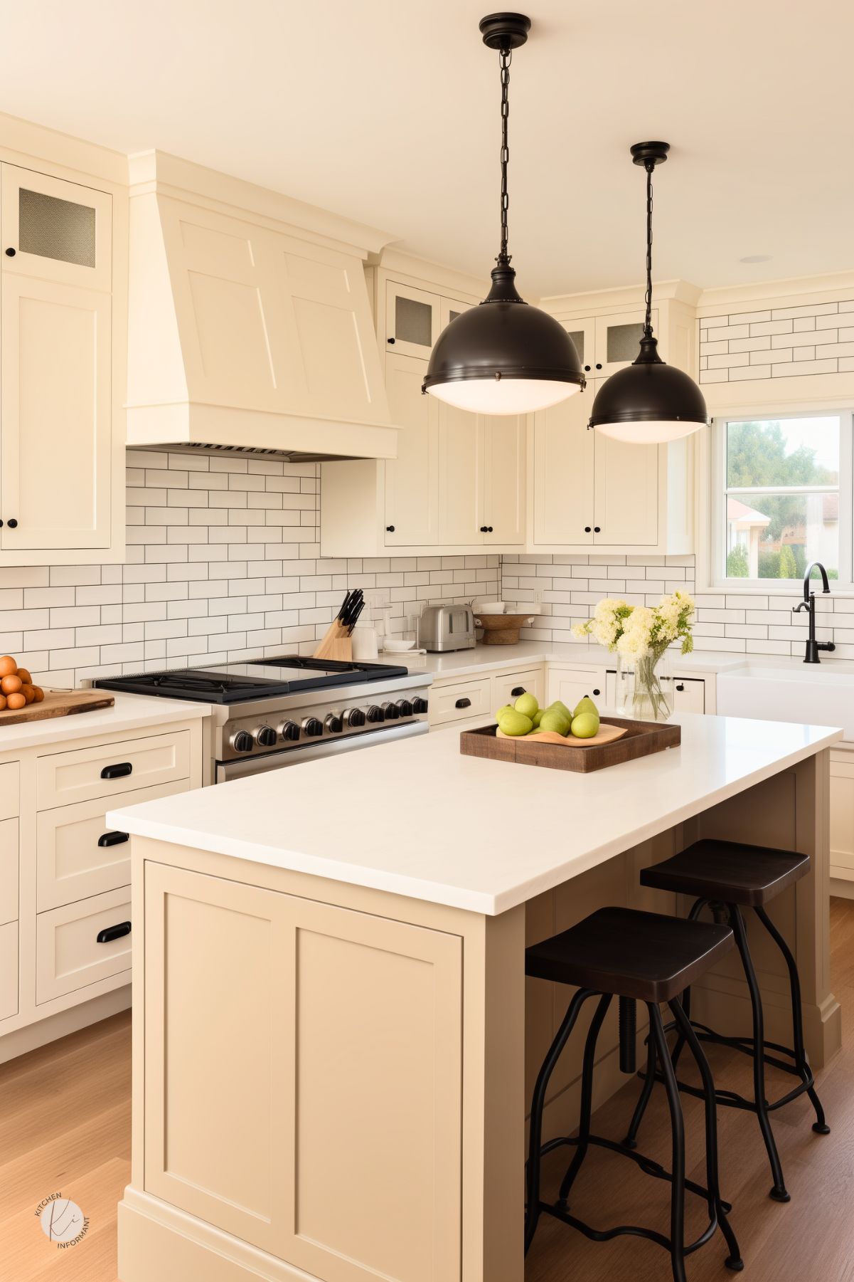 Modern farmhouse kitchen with beige shaker cabinets, a large island with a white quartz countertop, and black industrial pendant lights. A white subway tile backsplash adds contrast, while black hardware and fixtures enhance the design. The space features a farmhouse sink, stainless steel range, and wooden barstools with metal frames. A wooden tray with green pears and fresh flowers adds warmth to the inviting atmosphere.