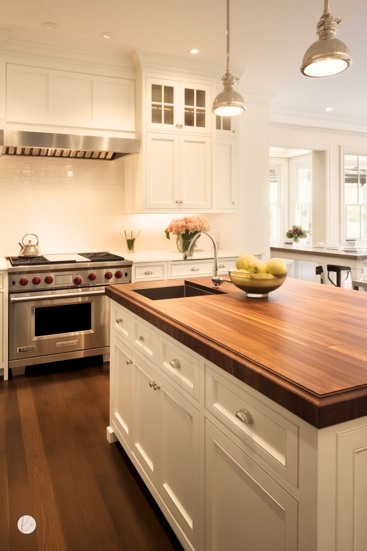 Elegant beige kitchen with classic shaker cabinetry, a warm wood island countertop, and stainless steel appliances. A professional-grade range with red knobs sits against a white subway tile backsplash, while polished nickel pendant lights add a touch of industrial charm. The open layout connects to a bright dining area, creating a seamless and inviting space with a timeless, sophisticated feel.