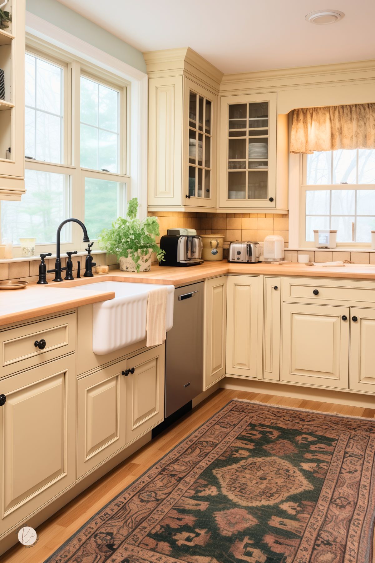 Charming farmhouse kitchen with beige cabinetry, a classic apron-front sink, and warm butcher block countertops. Black hardware and a vintage-inspired faucet add contrast, while glass-front cabinets display neatly arranged dishware. A rustic patterned rug and soft valance curtains enhance the cozy ambiance. Natural light streams in through large windows, highlighting the inviting and functional design.