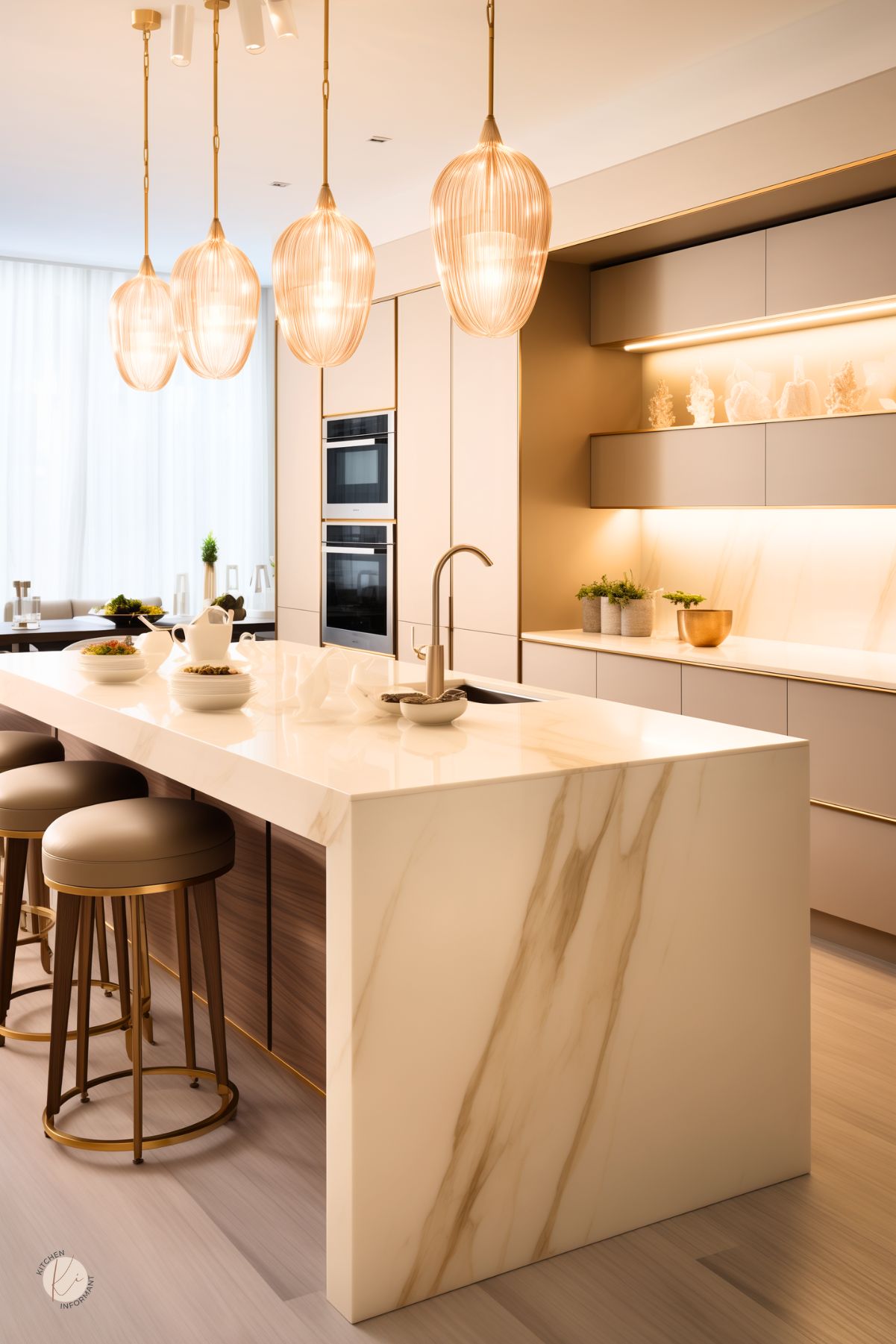 Sleek modern kitchen with beige slab cabinets, a dramatic waterfall marble island, and warm gold accents. The space is illuminated by sculptural pendant lights and under-cabinet LED lighting. Built-in appliances blend seamlessly into the cabinetry, while decorative shelving adds a curated touch. Plush barstools with gold bases complement the luxurious aesthetic, creating an inviting and sophisticated space.