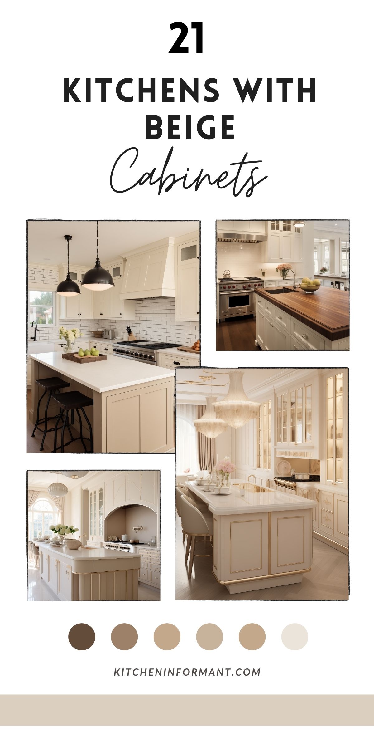 A Pinterest graphic featuring "21 Kitchens with Beige Cabinets" in bold black and beige text on a white background. Below the title, a collage of four beige kitchen designs showcases styles from farmhouse to luxury. A neutral color palette with six shades is displayed at the bottom, along with the website kitcheninformant.com in a clean, modern layout.