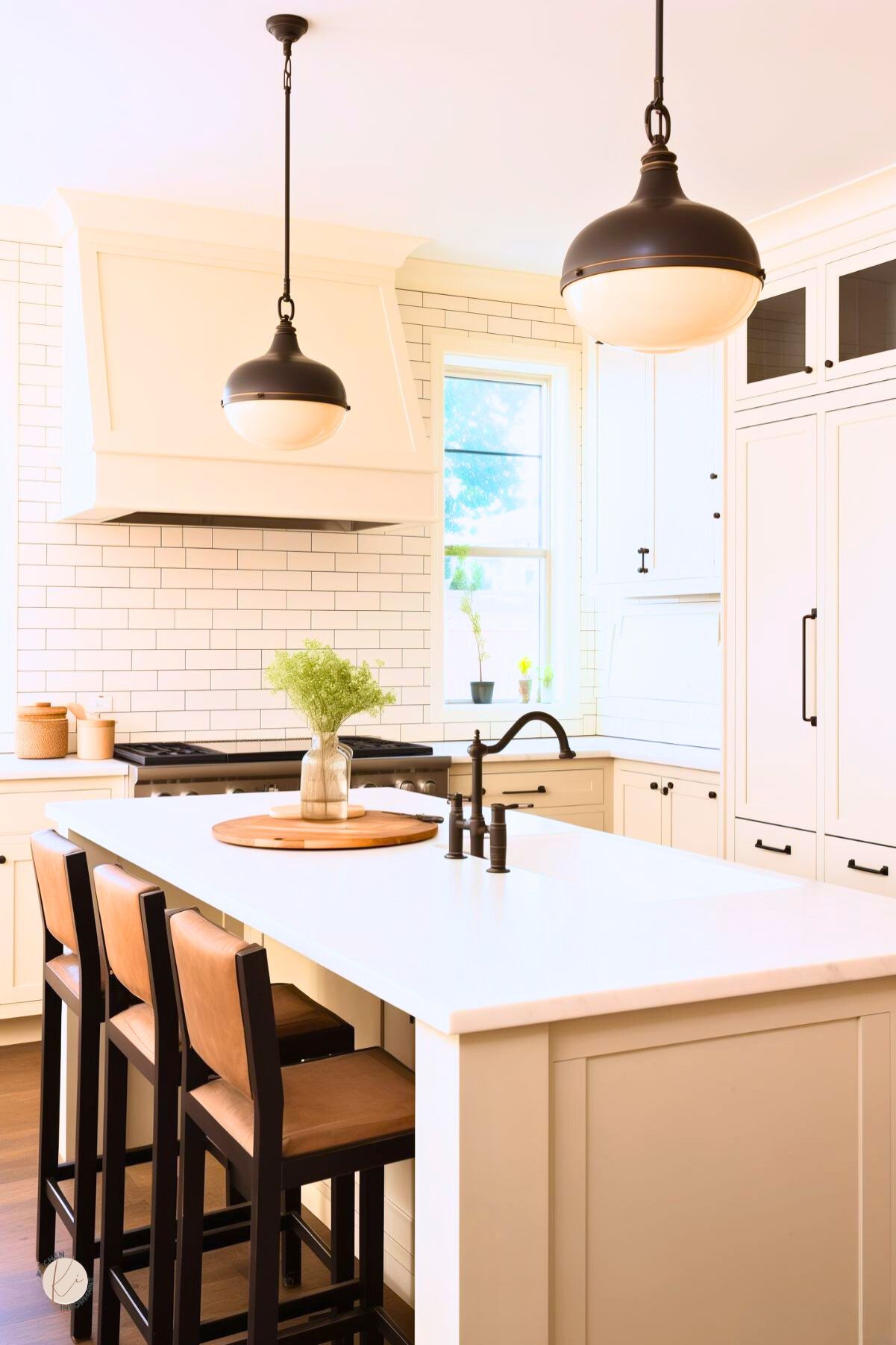 Modern farmhouse kitchen with beige shaker cabinets, a large island with a white quartz countertop, and industrial-style black pendant lights. A subway tile backsplash adds a timeless touch, while a custom range hood blends seamlessly into the design. The island features black and leather barstools, and a black faucet provides contrast. Large windows allow natural light to enhance the warm, inviting atmosphere.