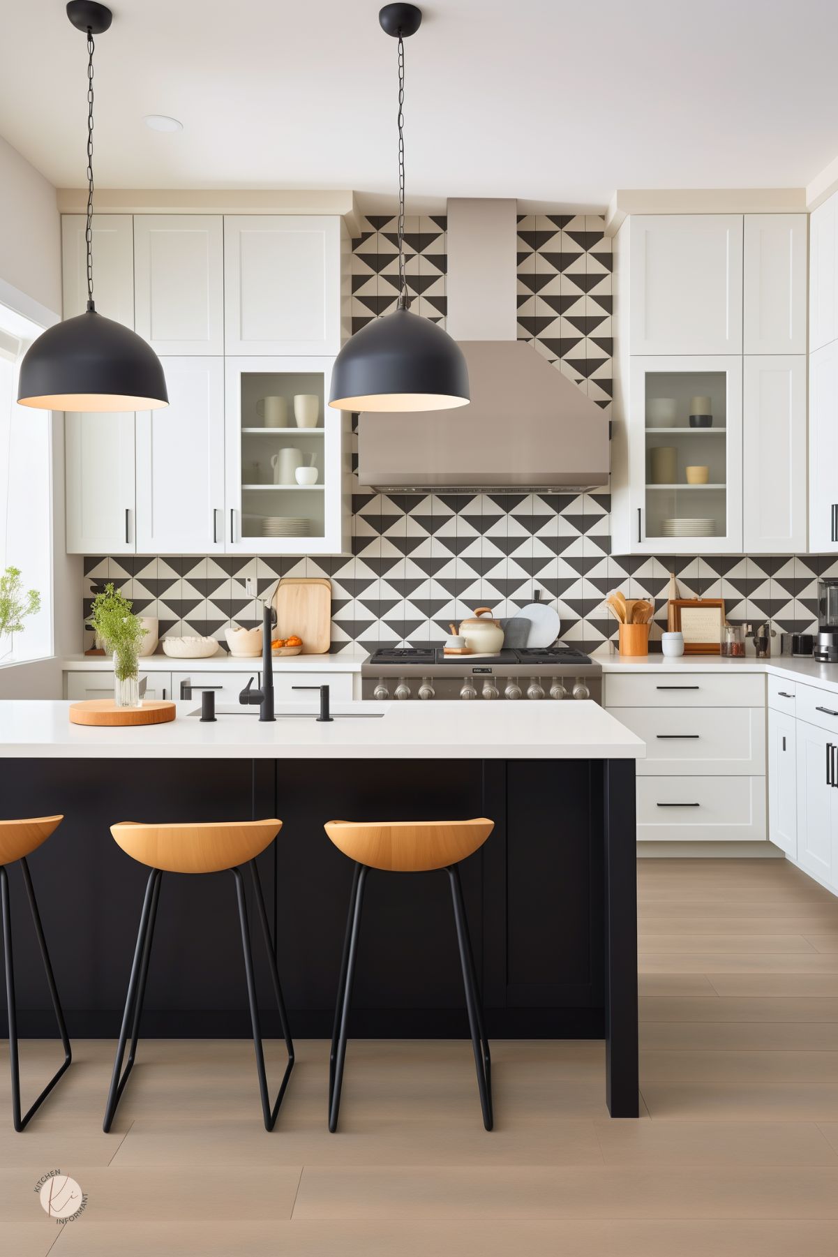 A modern kitchen with a black island, white quartz countertop, and wooden bar stools with black metal legs. Two black dome pendant lights hang above, complementing the geometric black and white tile backsplash. White shaker cabinets with glass inserts and black hardware frame the space. A stainless steel range hood sits above a professional gas stove. Warm wood flooring and minimalist decor complete the sleek, contemporary look.