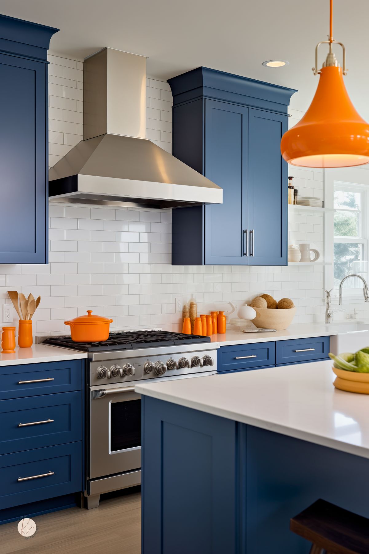 A kitchen with deep blue cabinetry, a white subway tile backsplash, and a stainless steel range hood. White countertops contrast with the bold cabinetry, while bright orange accents, including a pendant light, cookware, and decor, add warmth. A large island provides additional workspace, and open shelving displays neutral dishware.