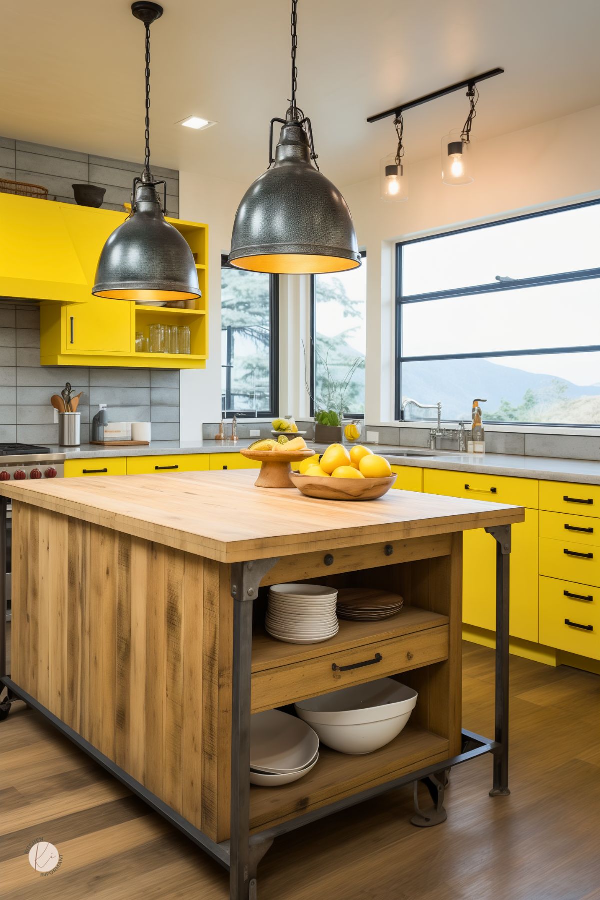 A kitchen with bright yellow cabinetry, a rustic wood island with open shelving, and a butcher block countertop. Industrial pendant lights hang above the island, complementing the black hardware and metal accents. A gray tile backsplash and large windows provide contrast and natural light. Bowls of lemons and wooden decor add warmth to the modern farmhouse design.