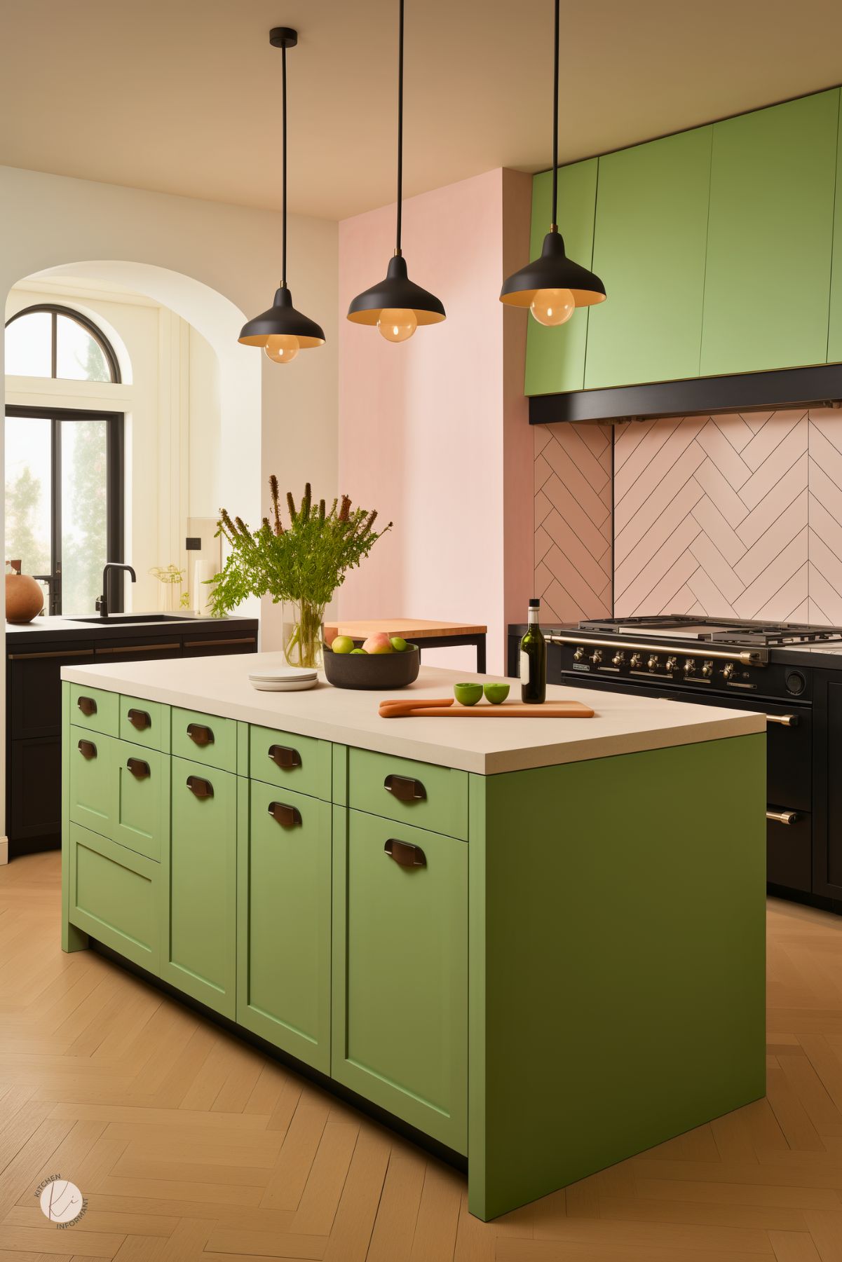 A kitchen with soft green cabinetry, a light beige countertop, and a pink herringbone tile backsplash. Black accents, including pendant lights, a range hood, and a stove, create contrast. An arched window and a pink accent wall add warmth and elegance. A herringbone wood floor enhances the cozy, modern aesthetic.