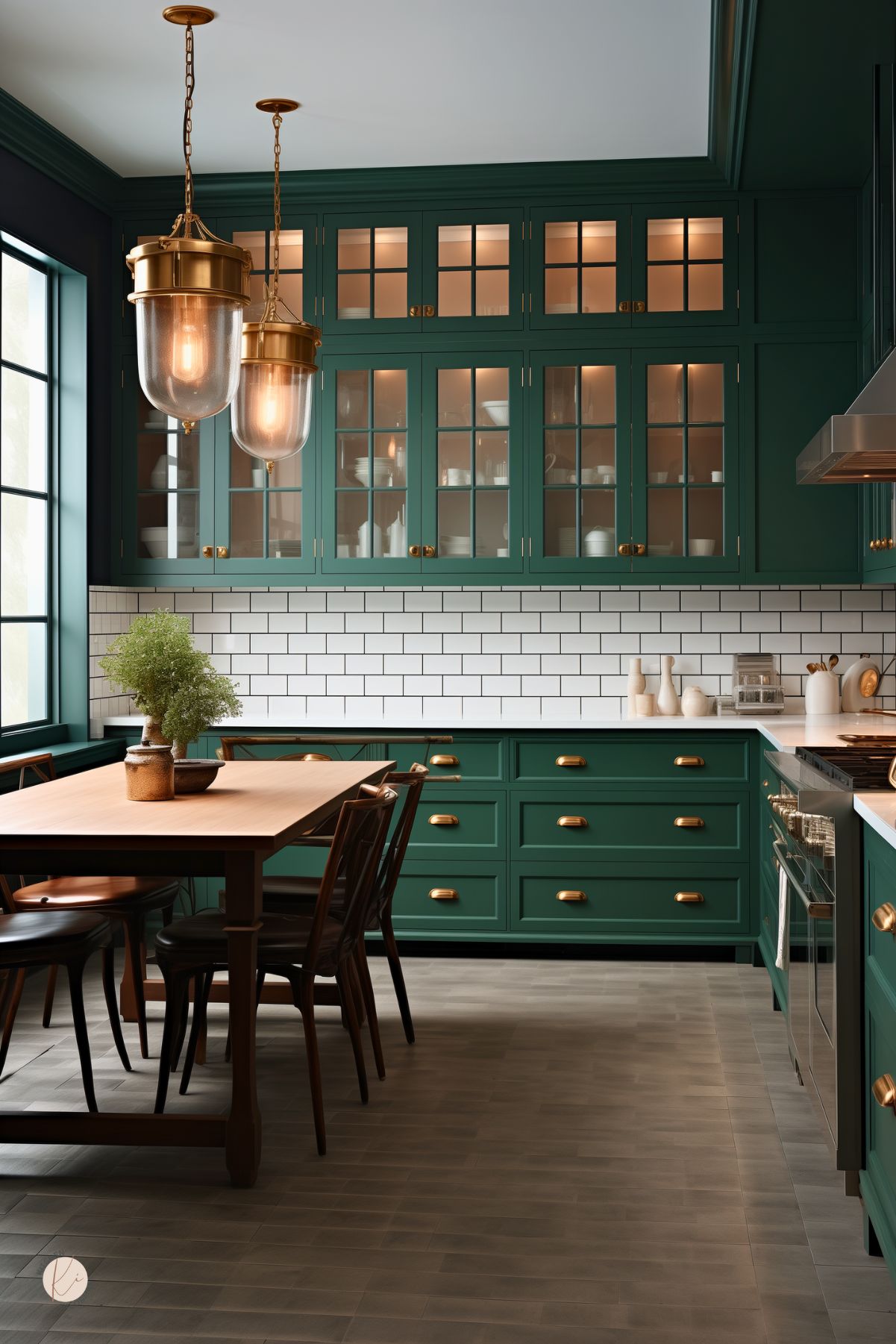 A kitchen with deep green cabinetry, glass-front upper cabinets, and a white subway tile backsplash. Gold hardware and pendant lights add warmth and elegance. A wooden dining table with dark chairs sits in the center, complementing the rich tones. Soft interior cabinet lighting highlights neatly arranged dishware, while large windows bring in natural light.