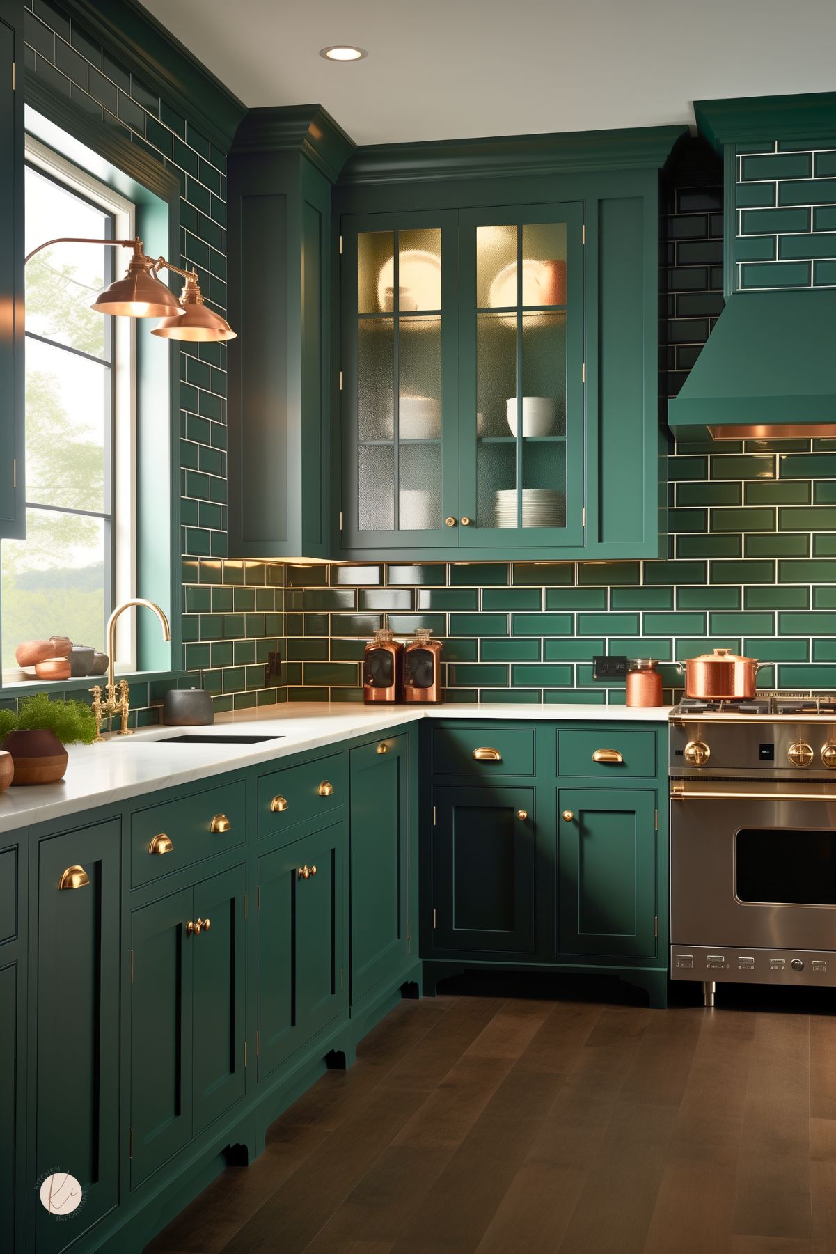 A kitchen with deep green cabinetry, gold hardware, and a matching subway tile backsplash. A white countertop contrasts with the rich tones, while copper accents, including cookware and a pot filler, add warmth. A glass-front cabinet displays dishware, and dark wood flooring enhances the bold, elegant design. 