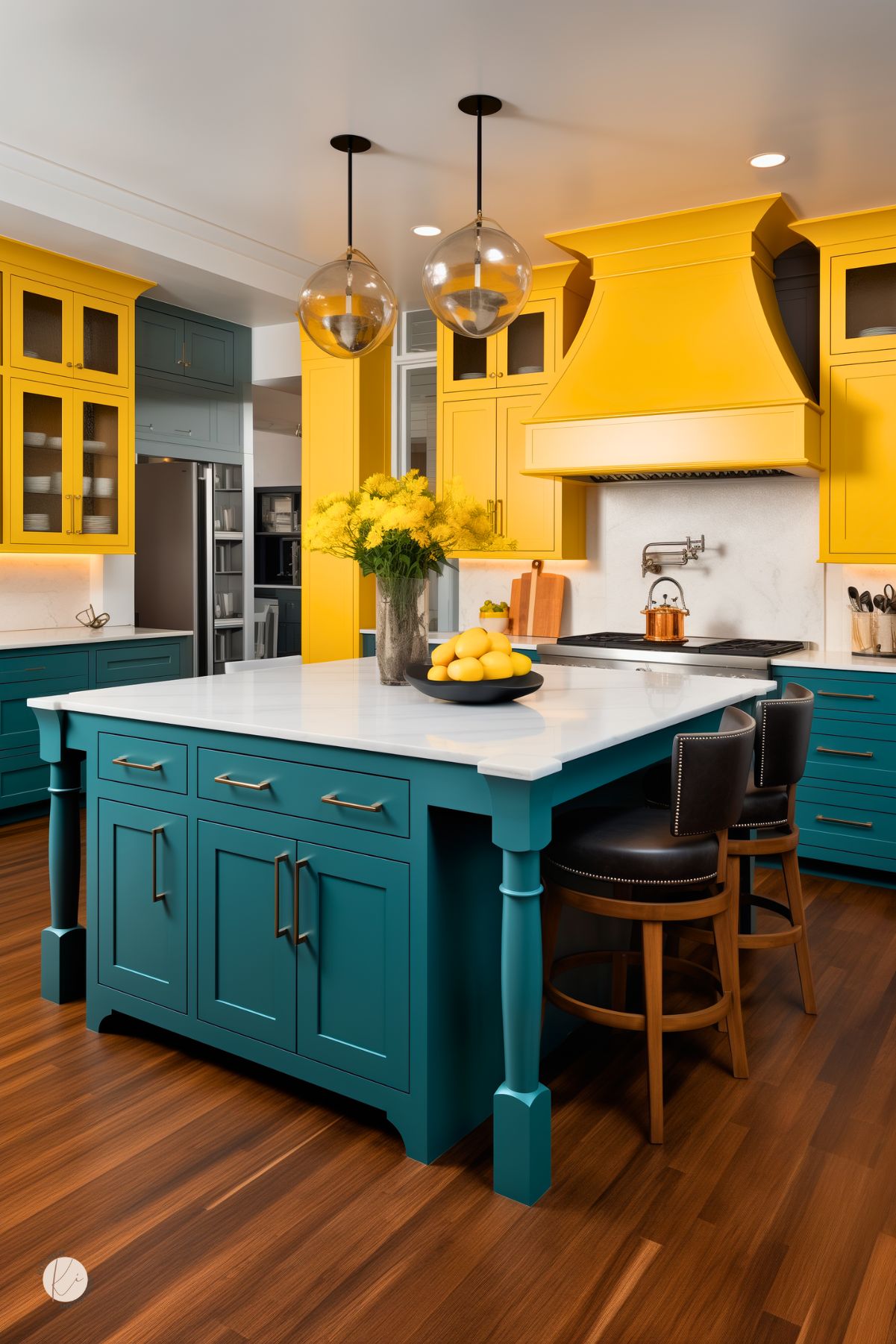 A kitchen with bold yellow upper cabinetry and range hood, deep teal lower cabinets, and a large island with a white countertop. Glass pendant lights hang above the island, while black leather barstools add contrast. Warm wood flooring enhances the rich color palette. A vase of yellow flowers and a bowl of lemons bring a fresh, lively touch.