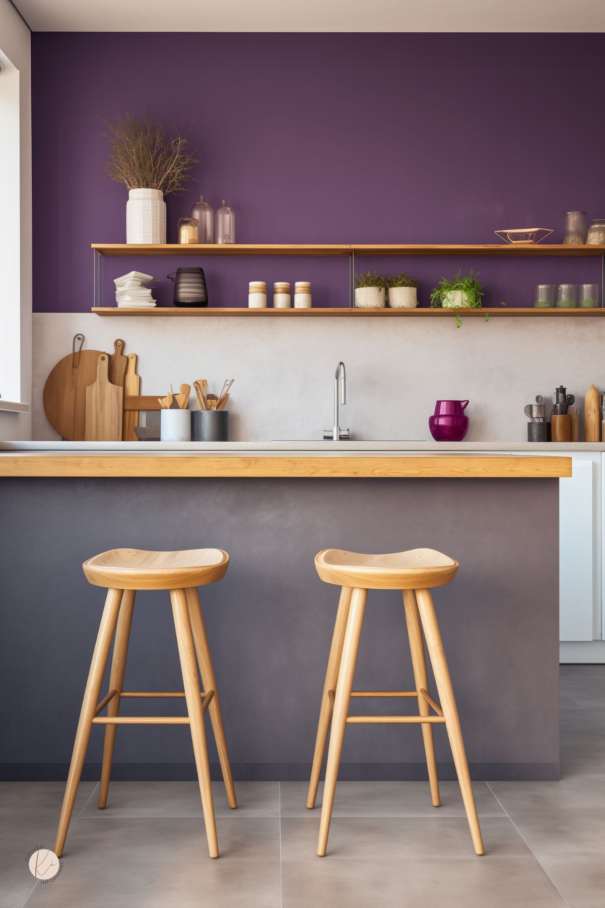 A kitchen with a bold purple accent wall, open wooden shelves, and a neutral concrete backsplash. A sleek countertop extends into a bar area with two light wood stools. Minimalist decor includes potted herbs, ceramic jars, and wooden cutting boards. Soft natural light enhances the modern yet warm aesthetic.