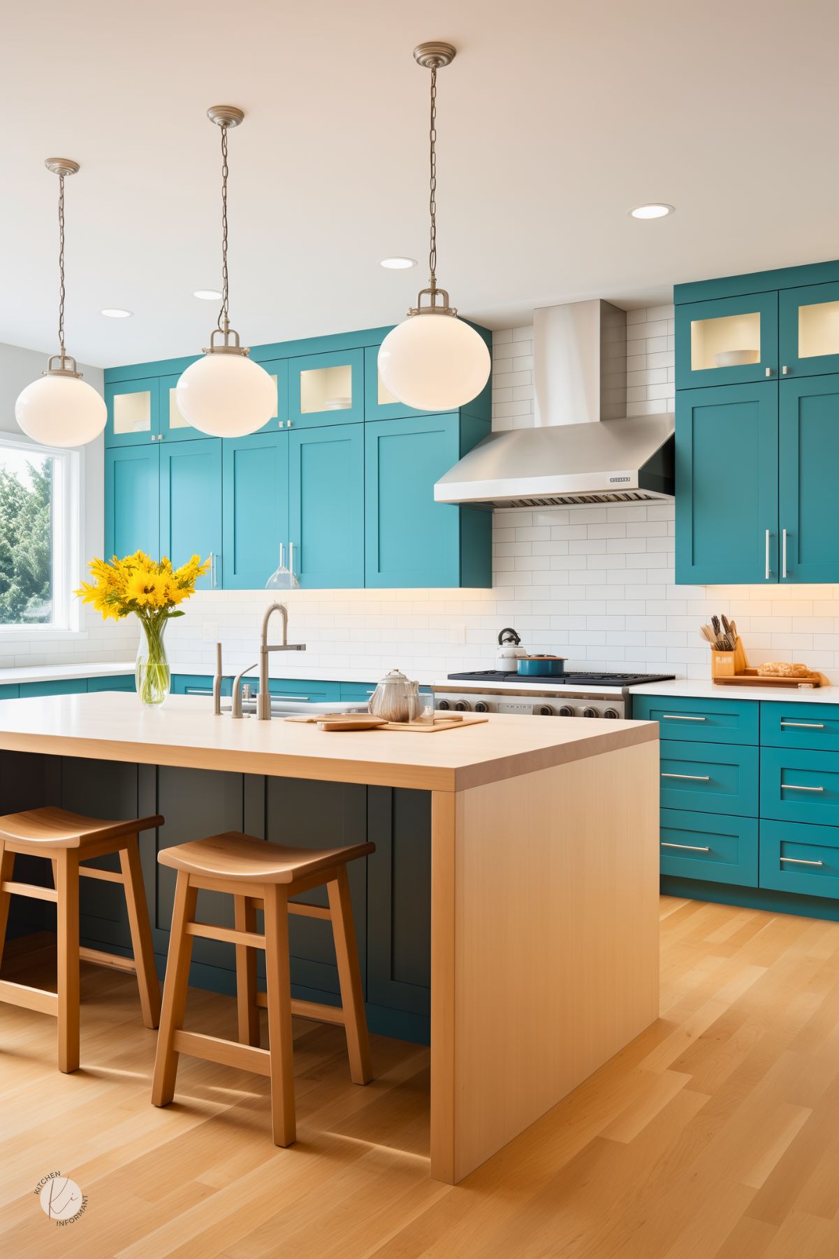 A kitchen with vibrant teal cabinetry, a light wood island, and a white subway tile backsplash. Globe pendant lights hang above the island, complementing the soft wood tones and modern stainless steel range hood. Open shelving with accent lighting adds warmth, while natural light from a large window enhances the bright and inviting space.