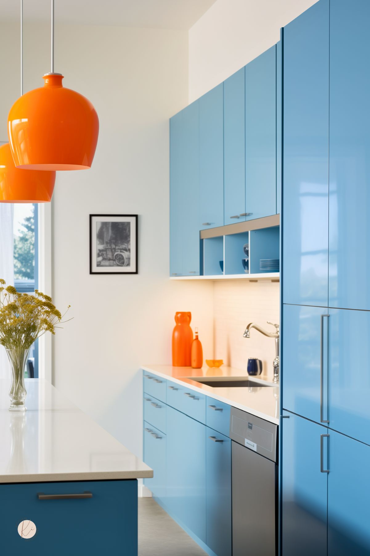 A kitchen with glossy blue cabinetry, sleek white countertops, and bold orange pendant lights. Open shelving and integrated appliances create a streamlined look. Pops of orange decor contrast with the cool blue tones. A minimalist backsplash and under-cabinet lighting enhance the modern aesthetic, while a large window brings in natural light.