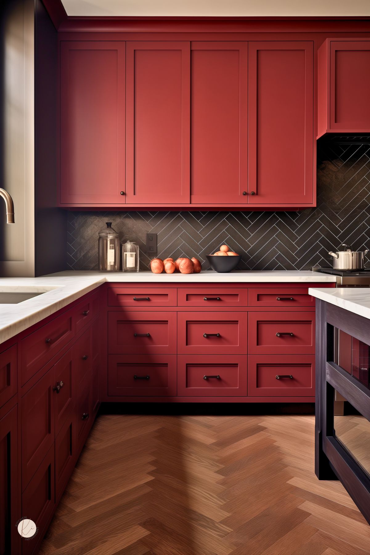 A modern kitchen with bold red shaker-style cabinets and black hardware. A black herringbone tile backsplash contrasts with the white marble countertops. The warm wood herringbone flooring adds depth, while natural light highlights the rich tones. A bowl of apples and glass jars sit on the counter, enhancing the cozy yet sophisticated design.