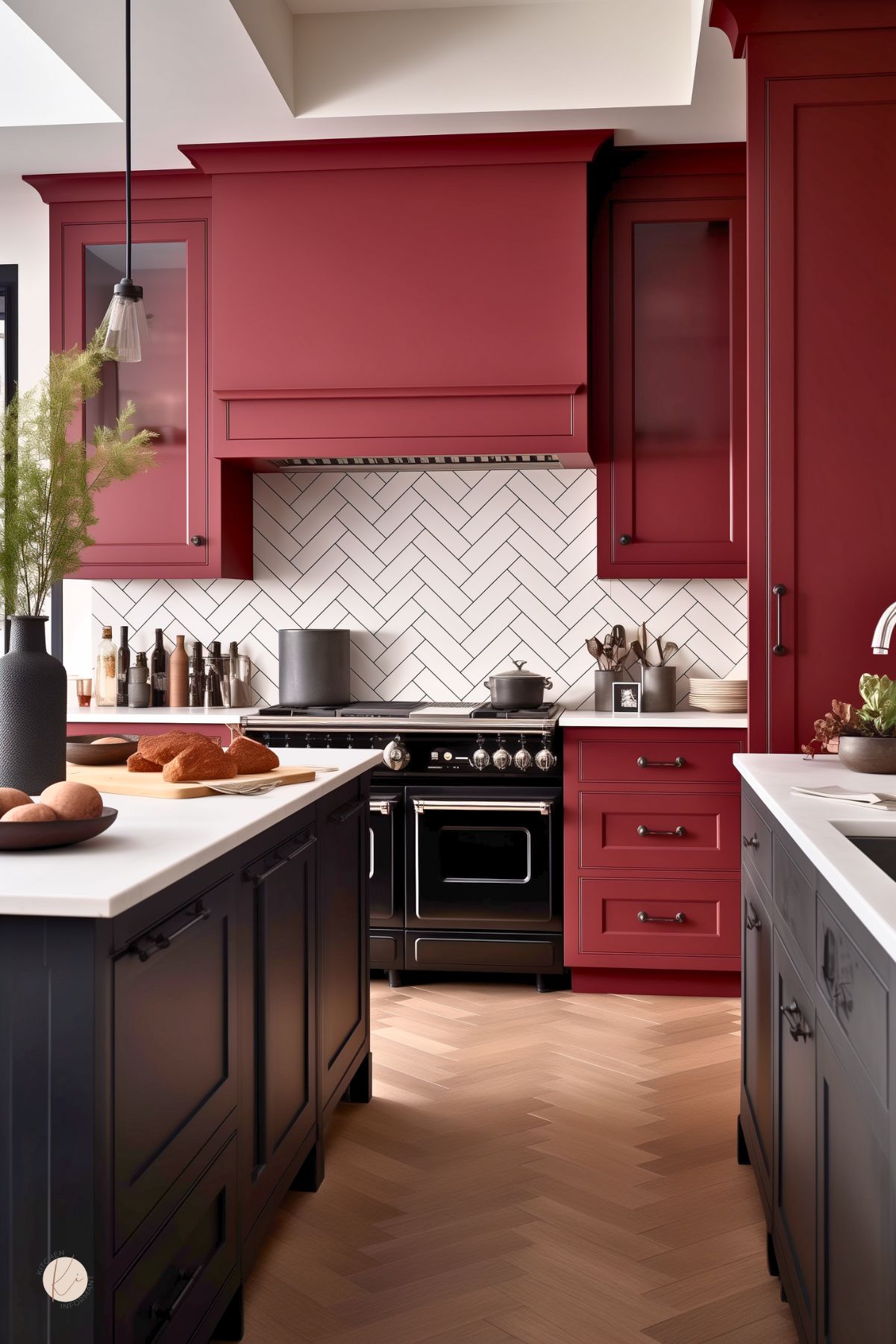 A kitchen with deep red cabinetry, a black island, and a white countertop. A black vintage-style range sits against a white herringbone tile backsplash. Black hardware and pendant lighting add contrast, while a herringbone wood floor enhances the warm, elegant atmosphere. Decorative elements like dark vases and fresh bread complete the inviting design.