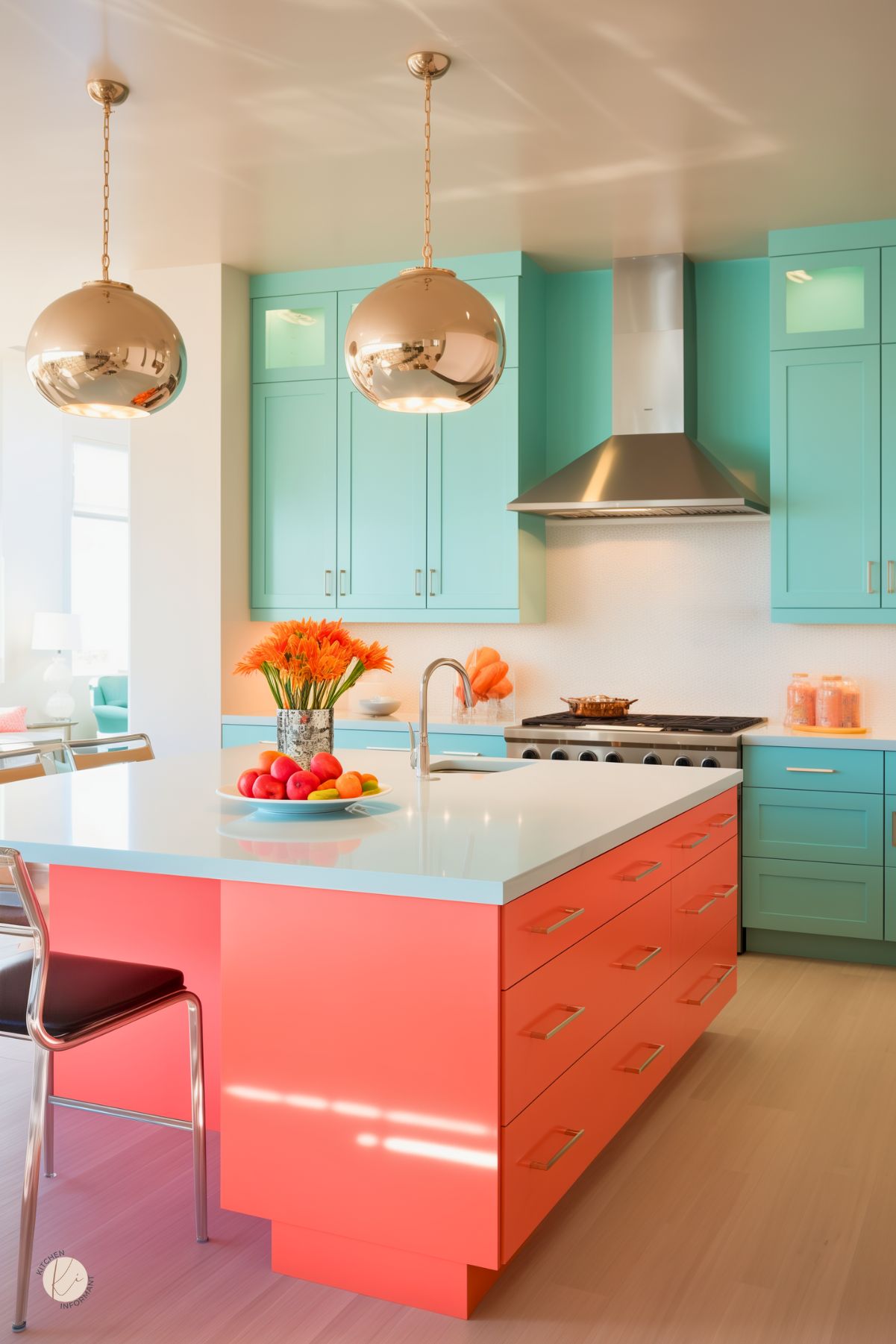 A kitchen with turquoise cabinetry, a glossy coral island, and a crisp white countertop. Stainless steel appliances and a modern range hood add sleek contrast. Large gold pendant lights reflect warm lighting. Bright orange flowers and fresh fruit enhance the vibrant color scheme, while soft wood flooring grounds the space.