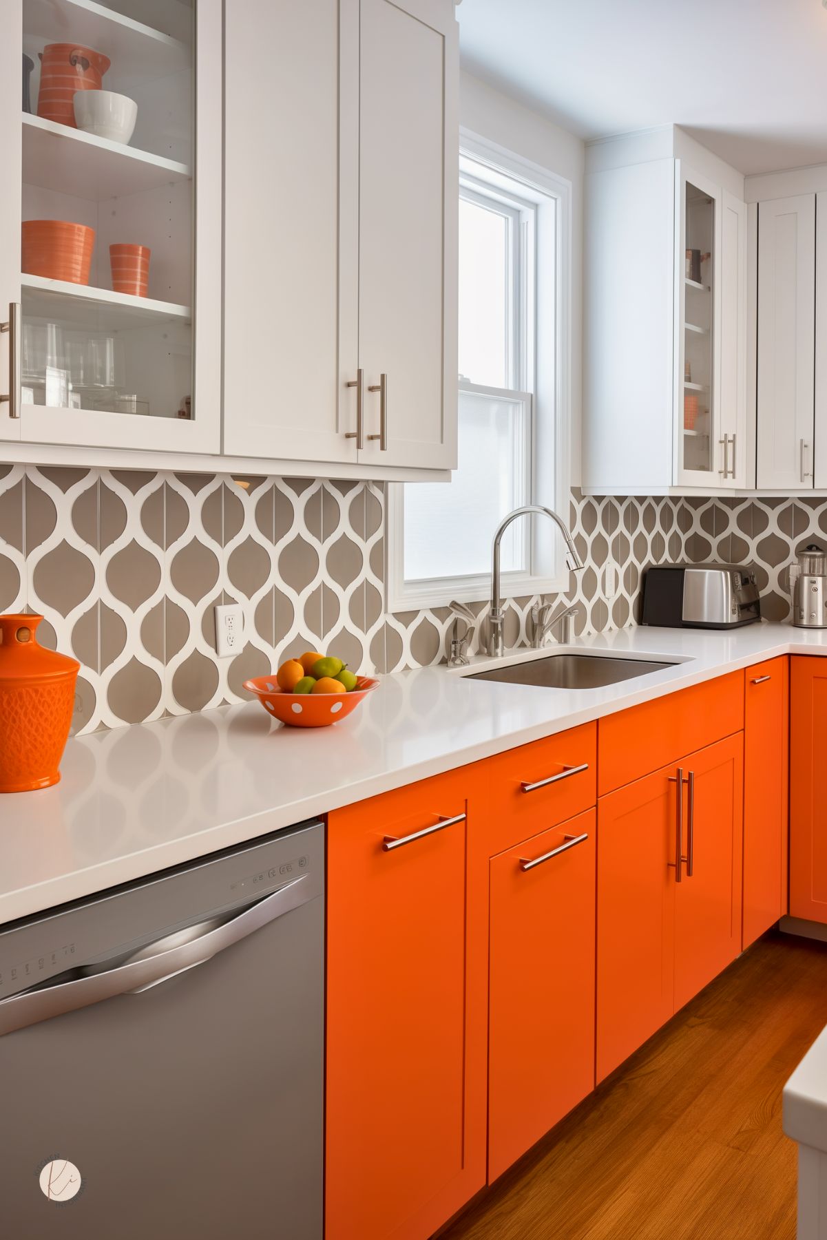 A kitchen with bright orange lower cabinets, white upper cabinets with glass doors, and a white countertop. A geometric-patterned backsplash in beige and white adds contrast. Stainless steel hardware and appliances complement the modern design. Decorative orange accents, including a vase and dishware, tie the bold color scheme together. A large window brings in natural light.