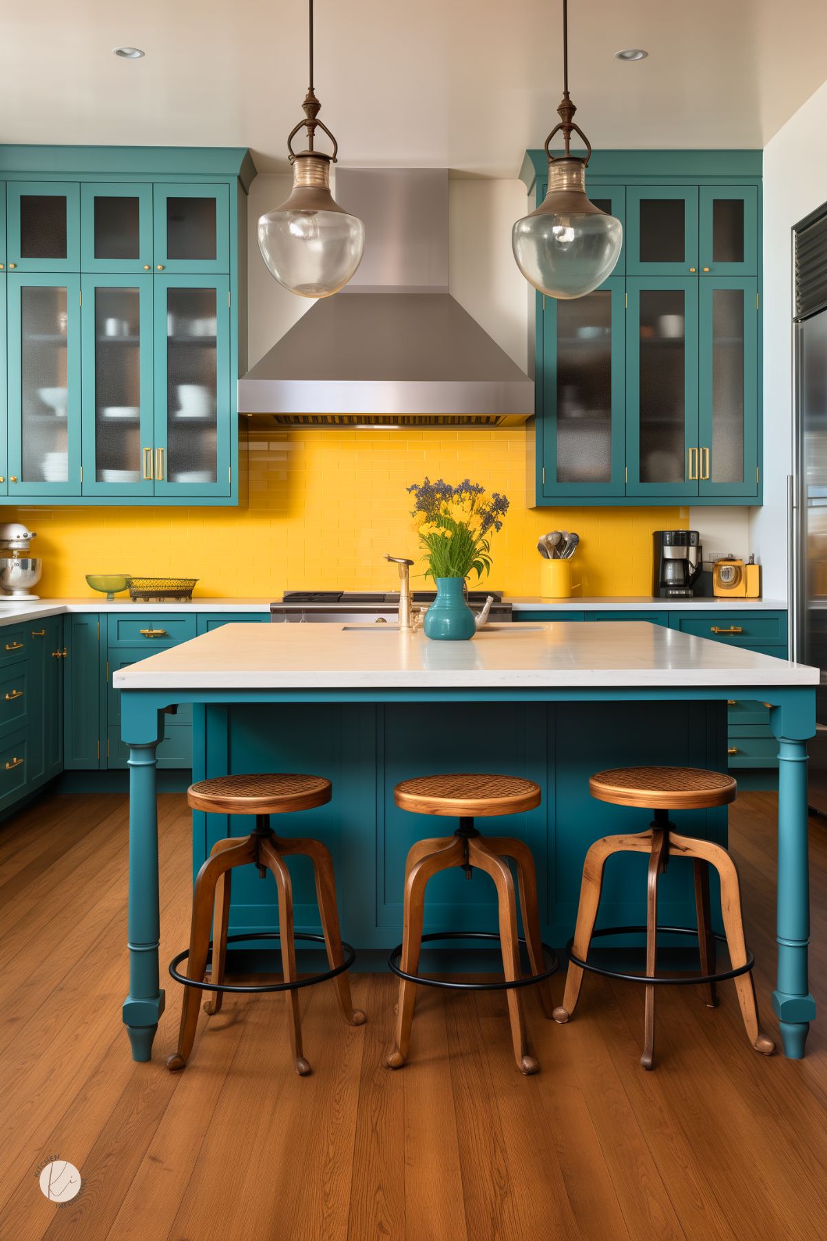 A kitchen with teal cabinetry, a bright yellow subway tile backsplash, and a white countertop. A large island with turned legs is paired with wooden barstools. Glass-front cabinets add an open feel, while stainless steel appliances and a range hood bring modern contrast. Industrial-style pendant lights and small yellow accents complete the vibrant, eclectic design.