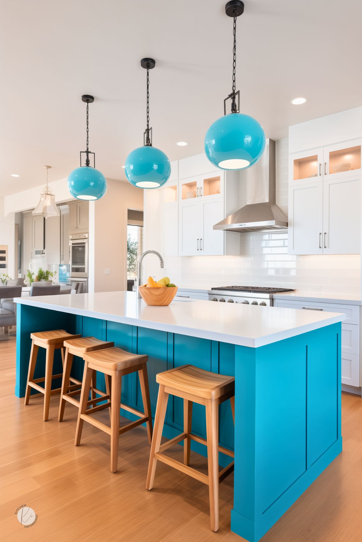 A kitchen with a bold turquoise island, white cabinetry, and a sleek white countertop. Three large turquoise pendant lights add a playful touch, while wooden barstools bring warmth. Stainless steel appliances and a white subway tile backsplash enhance the clean, modern design. Recessed lighting and open shelving with soft interior lights complete the bright and inviting space.