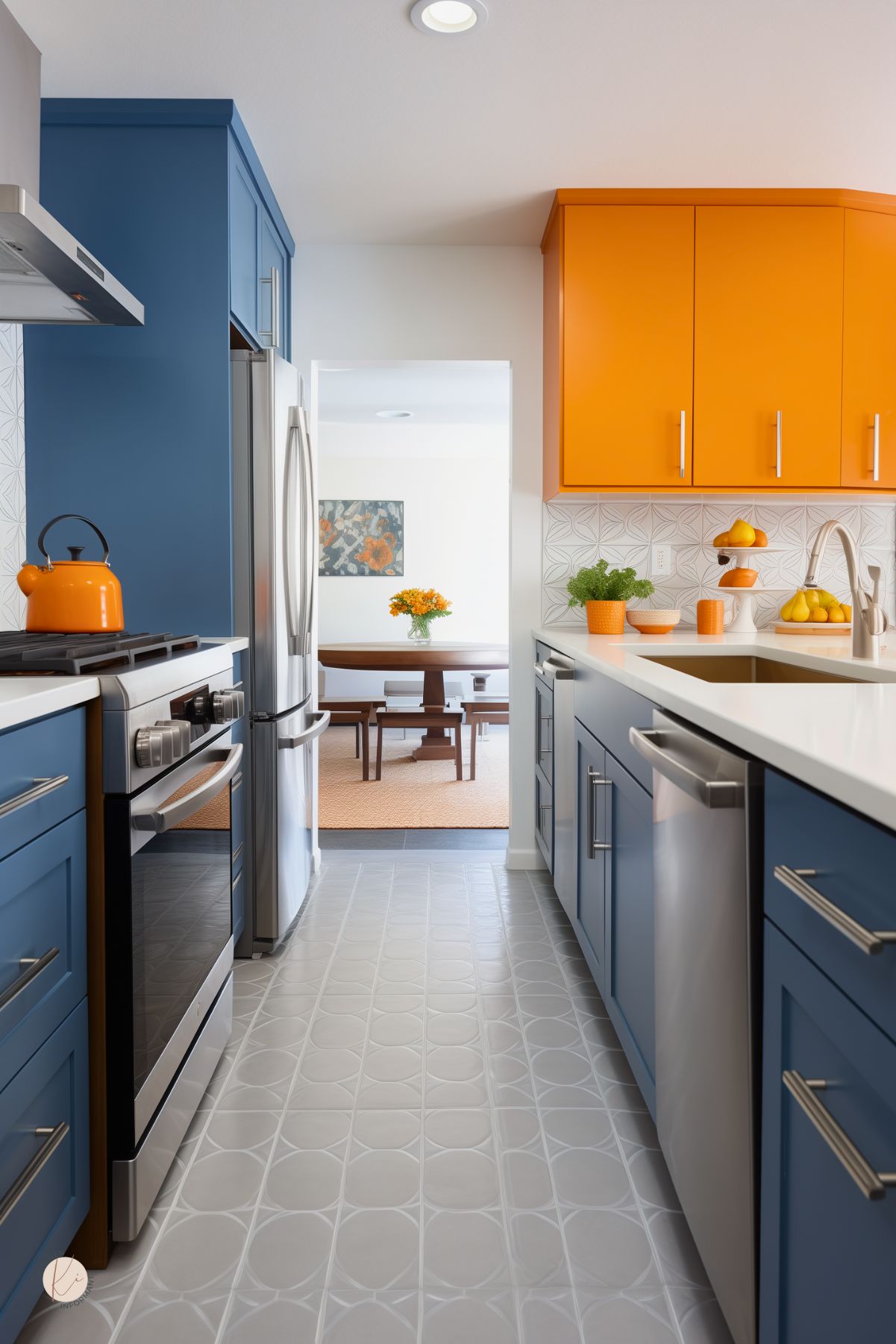 A kitchen with deep blue lower cabinets, bright orange upper cabinets, and white countertops. A geometric-patterned backsplash adds texture, while stainless steel appliances enhance the modern design. Orange accents, including a kettle and dishware, complement the cabinetry. A doorway leads to a dining area with a wooden table and fresh floral decor.